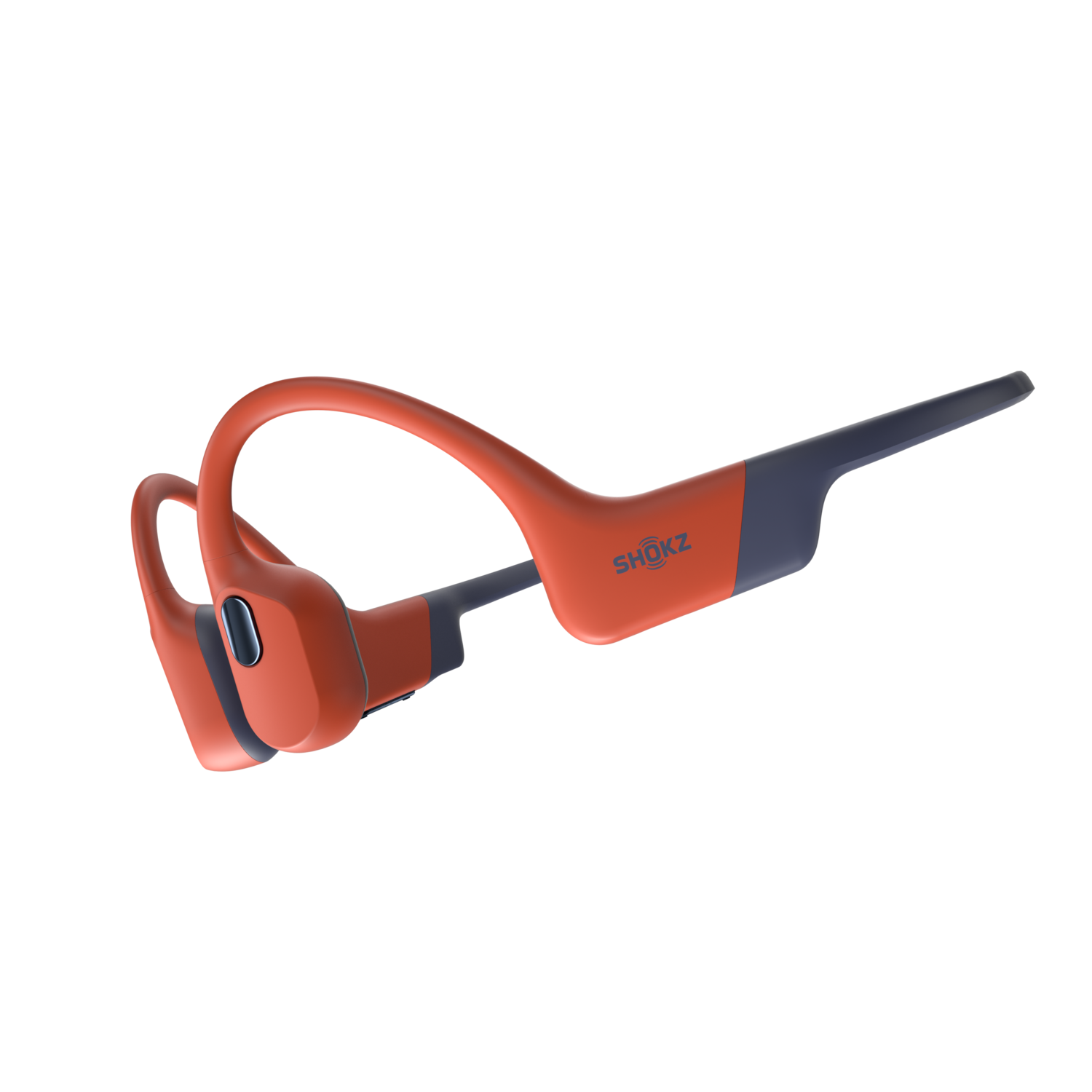Orange and gray bone conduction headphones. The design wraps around the ear and behind the head.