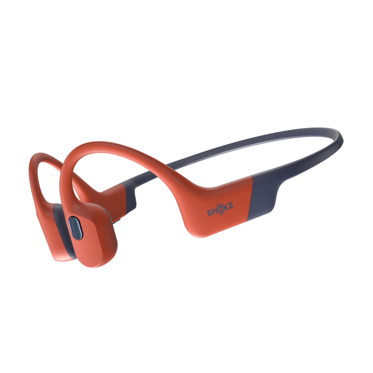 Orange and gray bone-conduction headphones, angled on a white background.