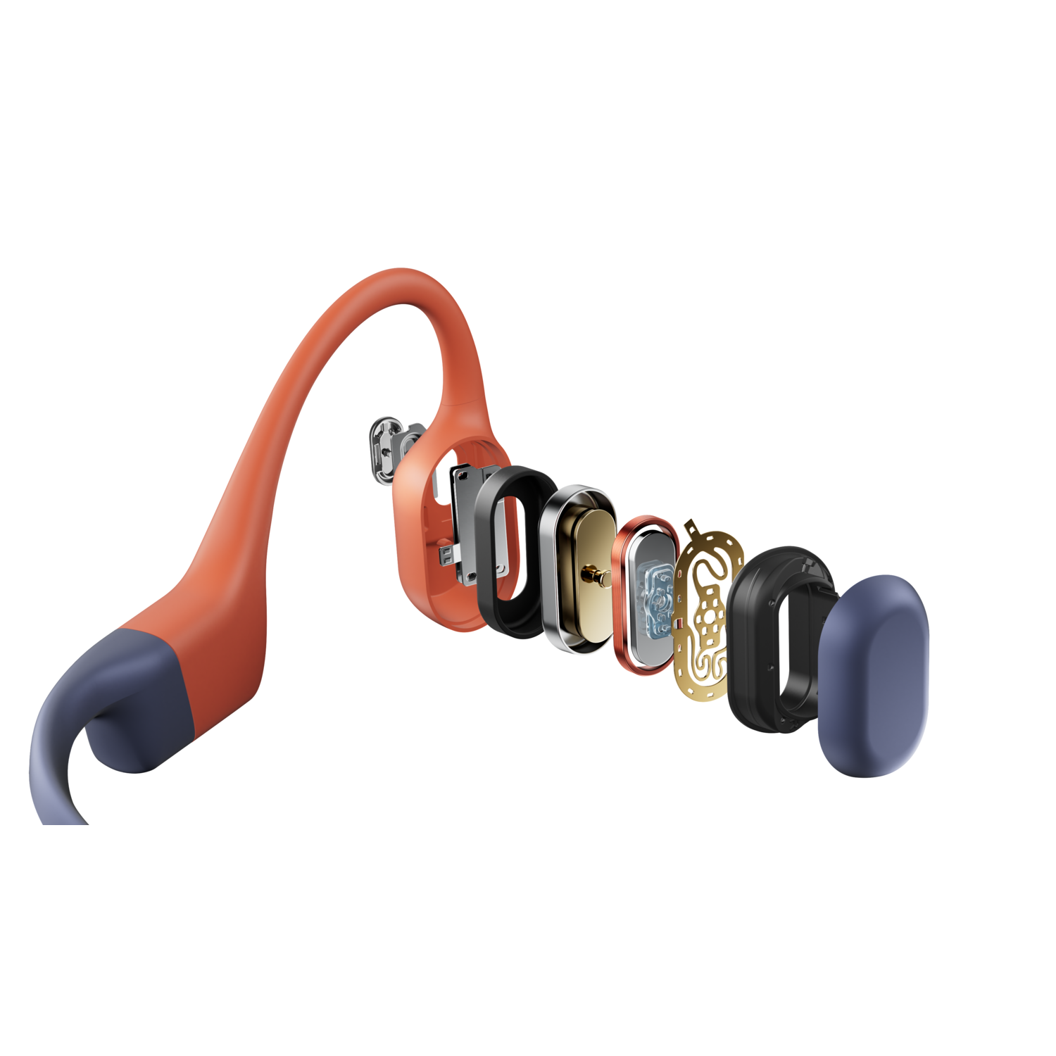 Exploded view of orange and blue bone conduction headphones, components shown.