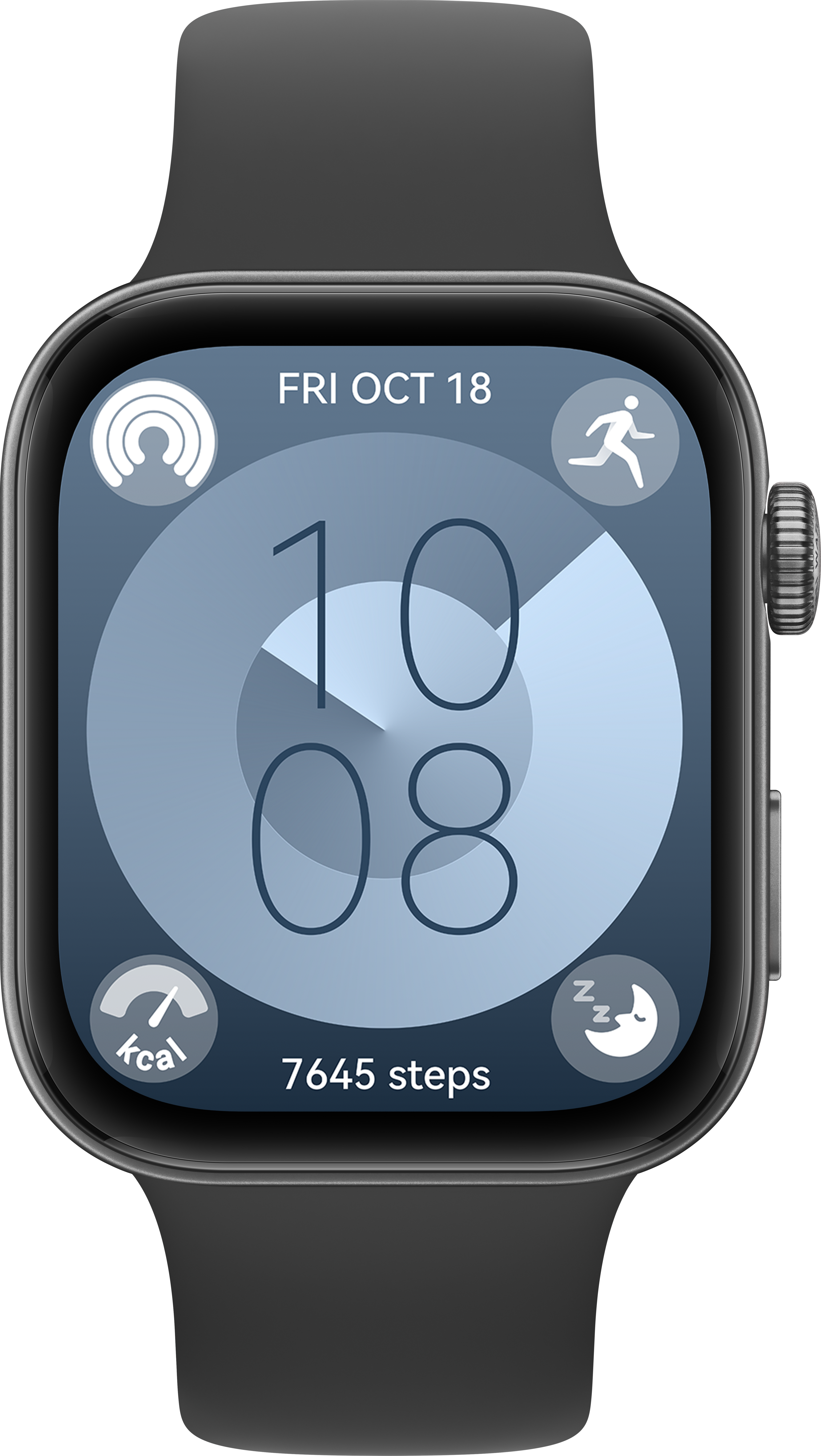 Une smartwatch noire affichant la date, l'heure, les pas et les calories brûlées, sur fond blanc.