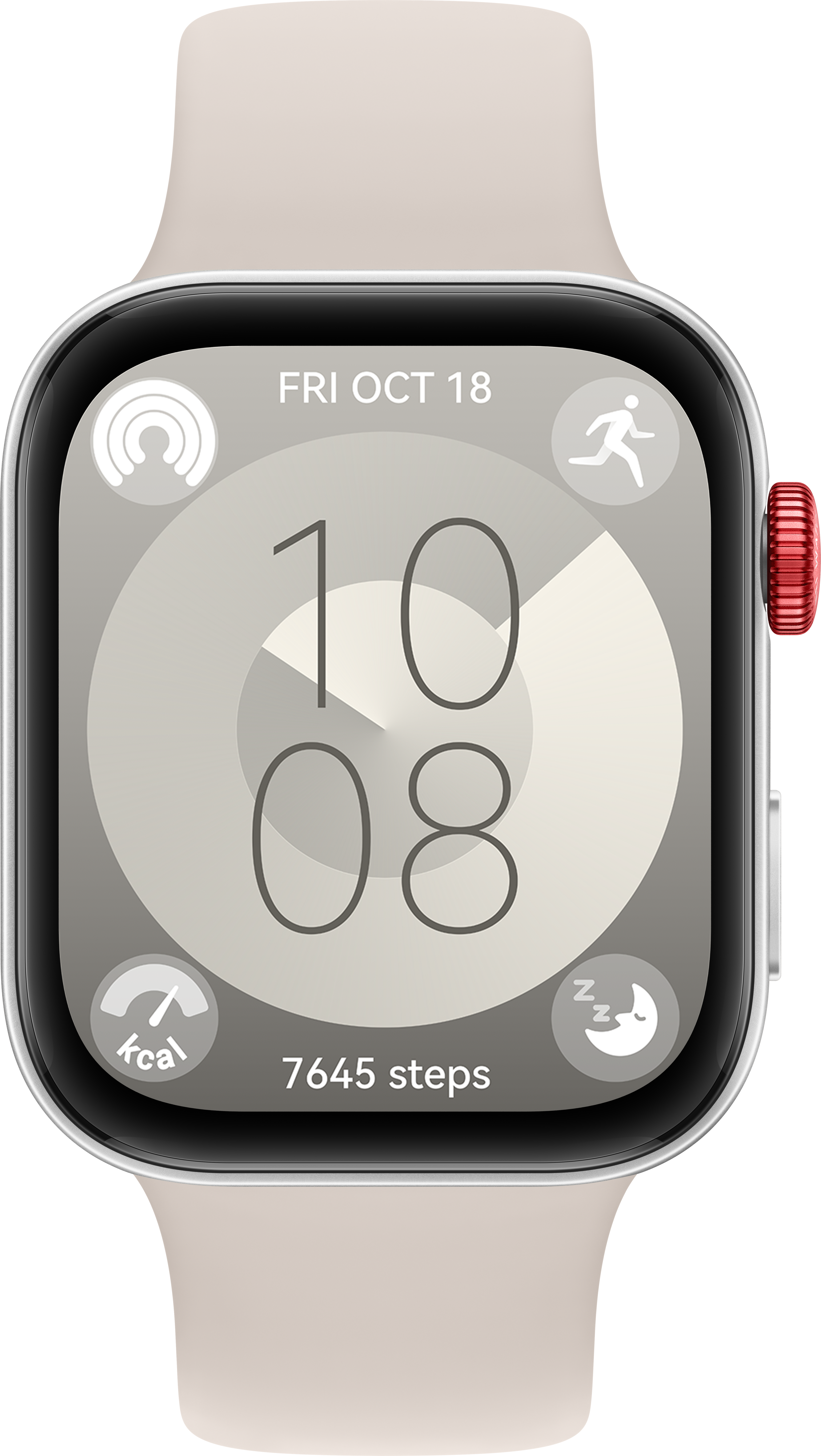 Smartwatch mit hellem Armband. Zeigt Uhrzeit, Datum und Fitness-Metriken an.