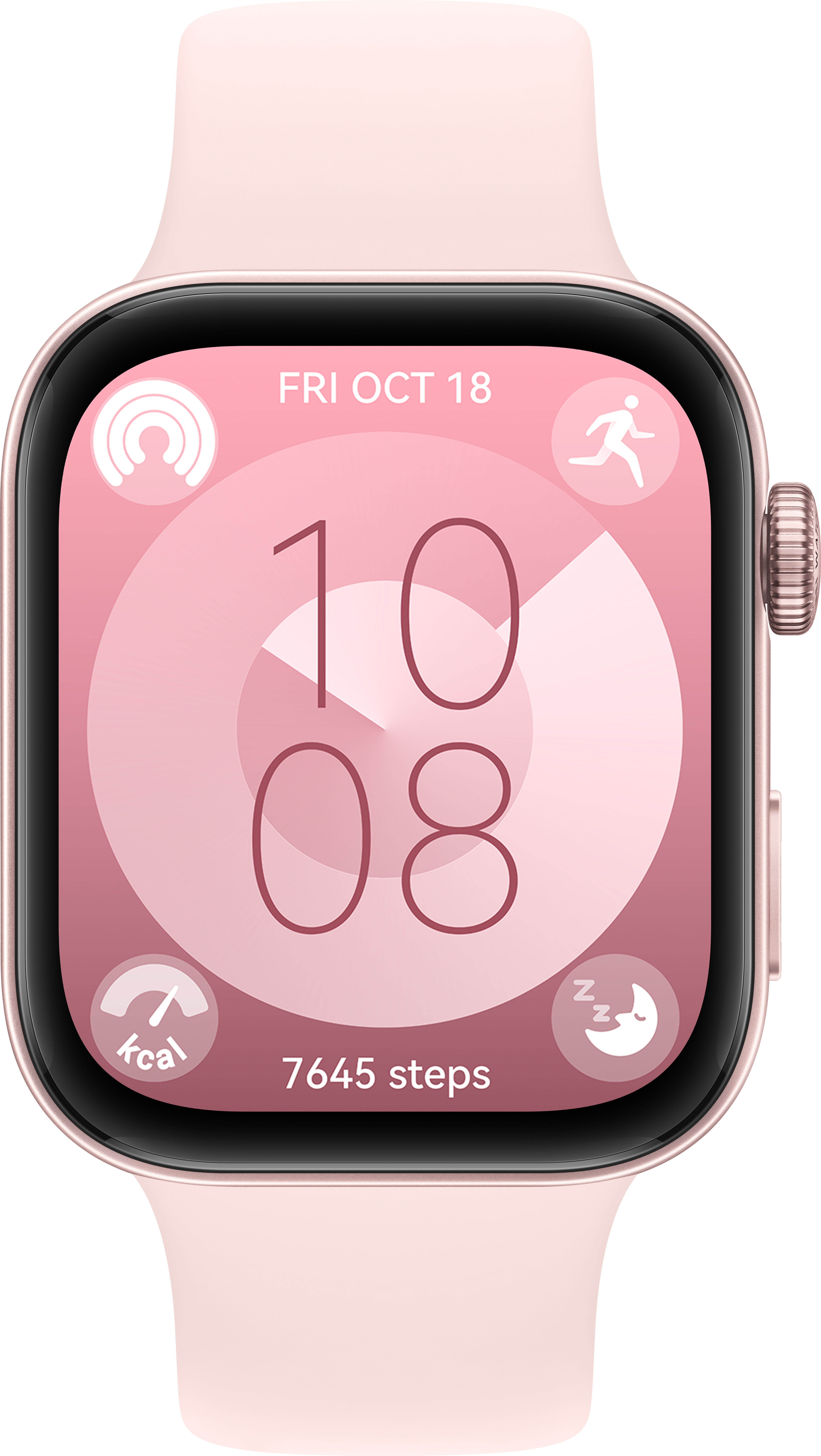 Primo piano dello schermo di uno smartwatch rosa che mostra data, ora, passi e calorie bruciate.