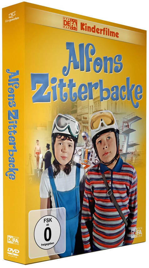 DVD-Hülle für den Film 'Alfons Zitterbacke' mit zwei Kindern mit Badekappen. Gelber Hintergrund.