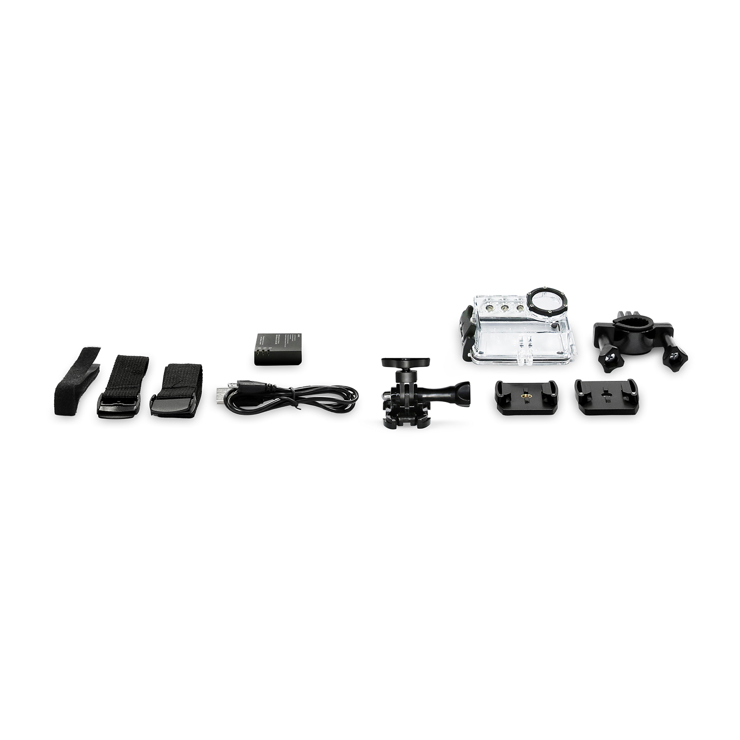 Kit fotocamera d'azione con accessori. Include supporti, cinghie, batteria e custodia protettiva.