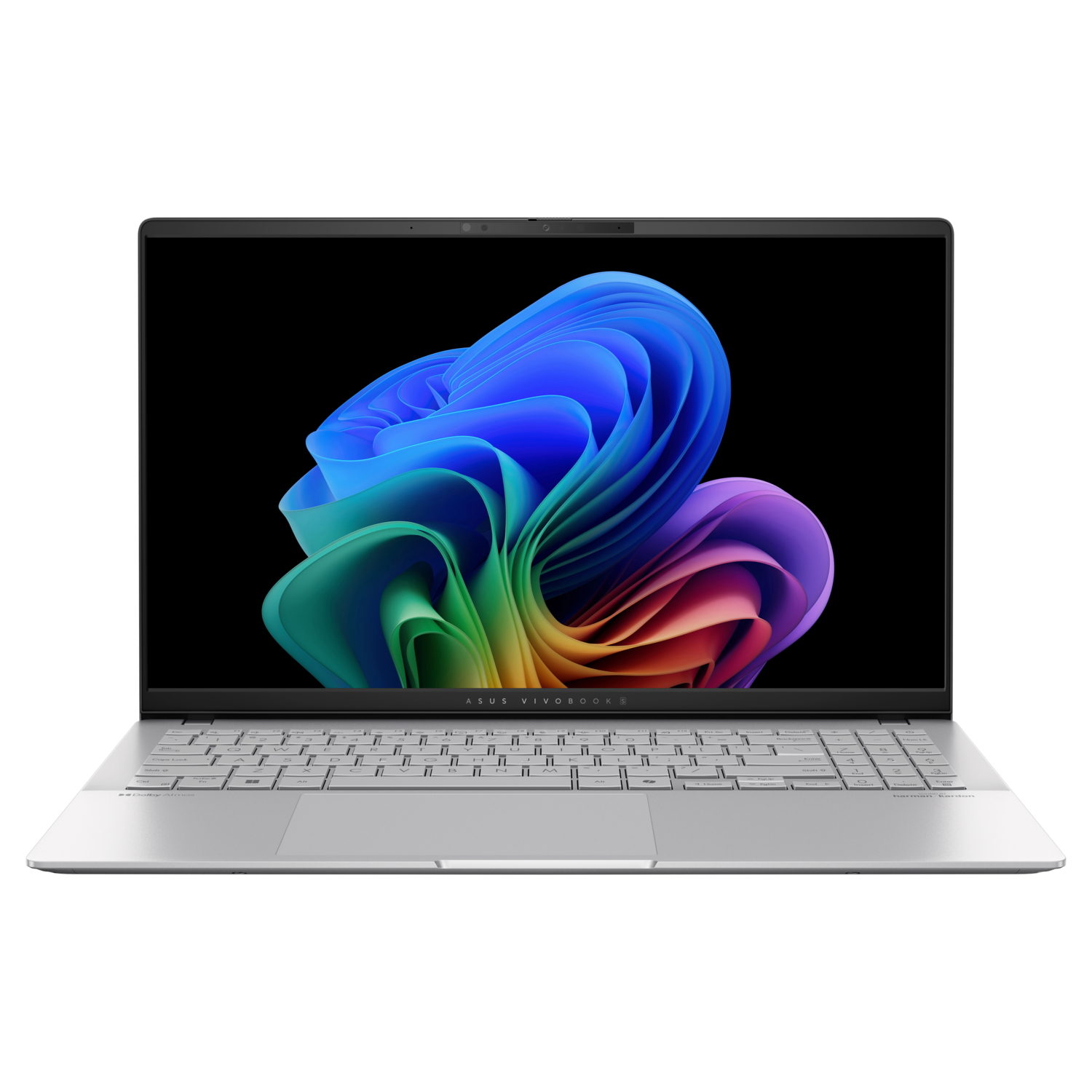 Zilveren ASUS laptop met een kleurrijke afbeelding op het scherm. Het scherm staat in het midden, zwarte achtergrond.