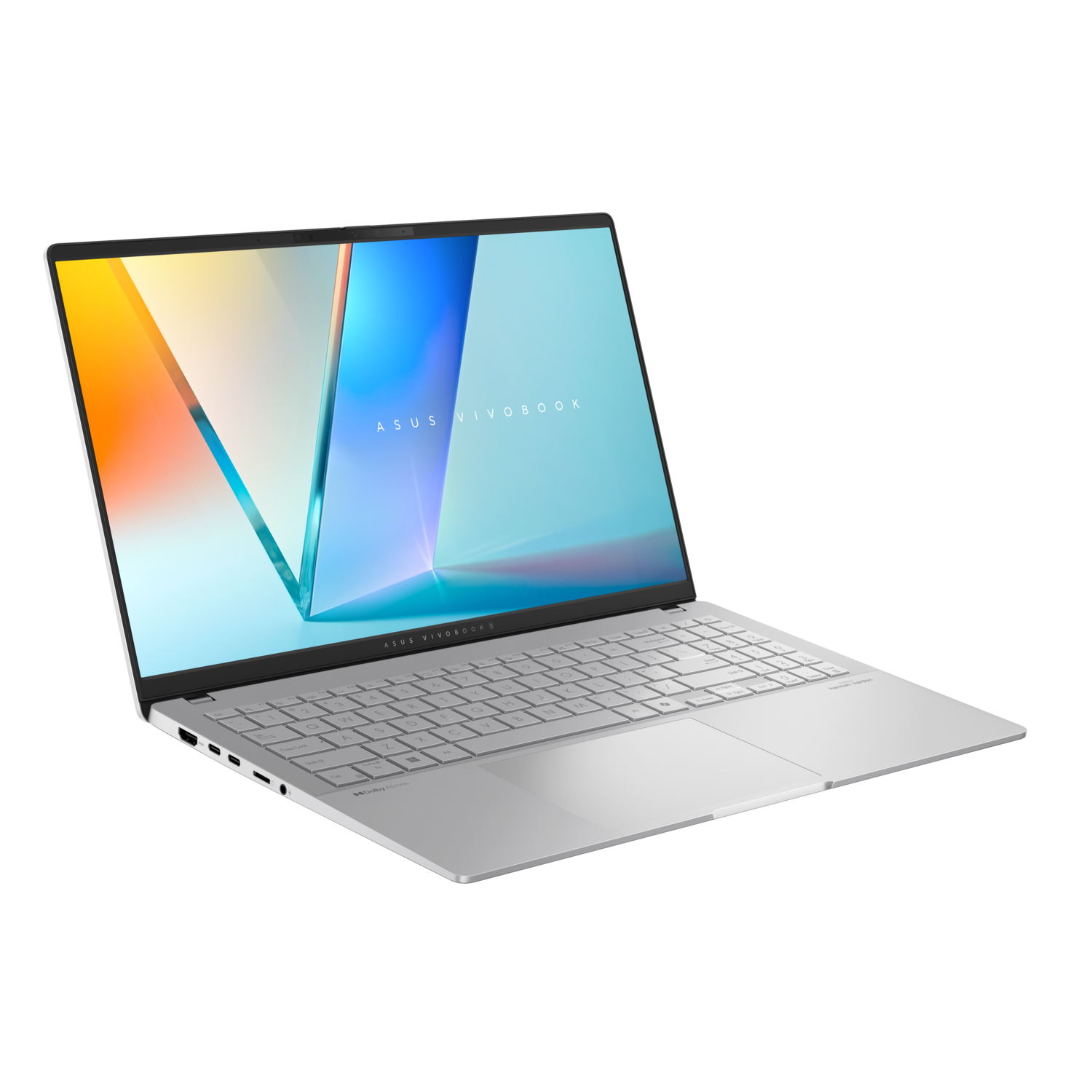 Zilveren laptop met een verlicht scherm, op een zwarte achtergrond. ASUS VIVOBOOK.