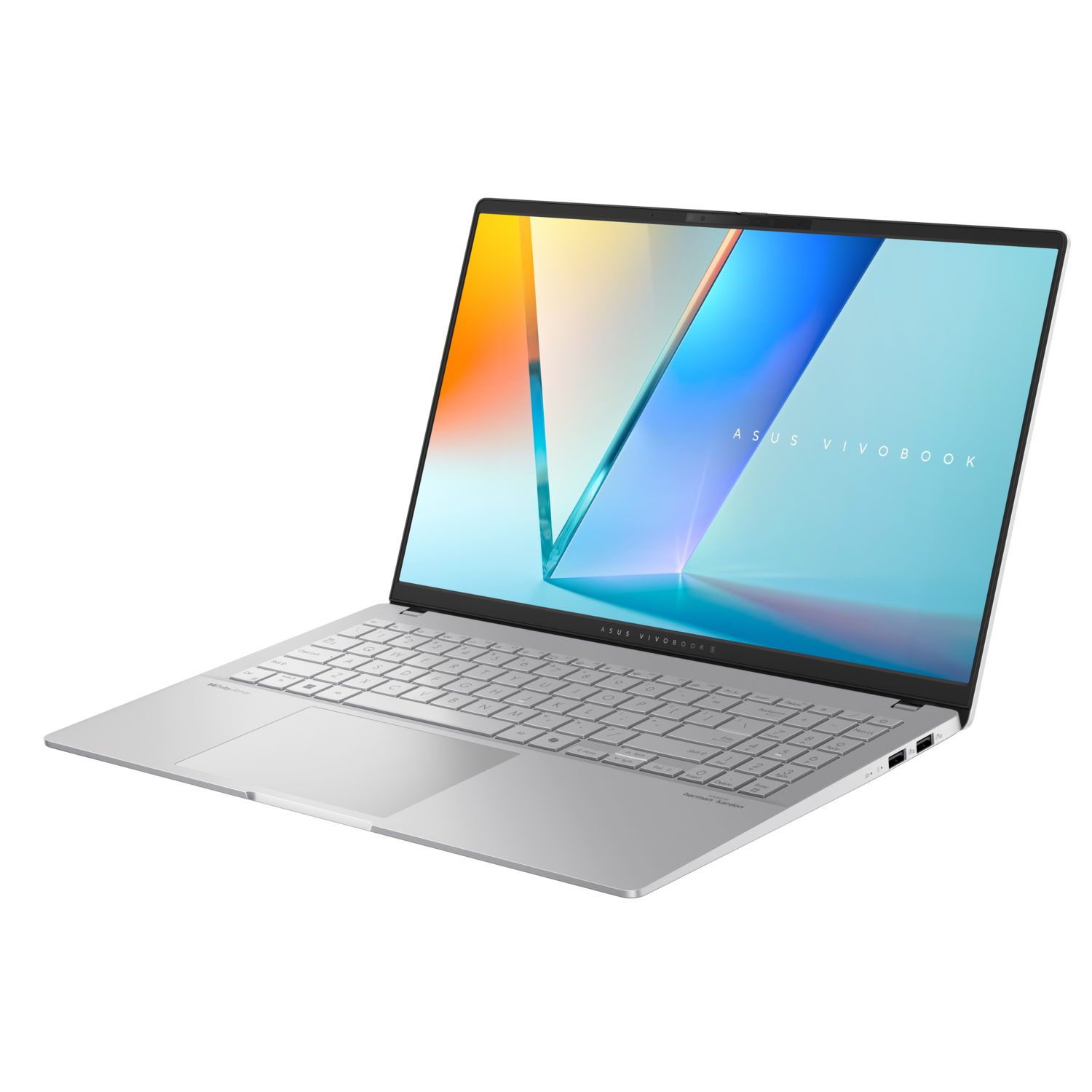 Zilveren laptop met een kleurrijk scherm, ASUS VIVOBOOK logo. Zwarte achtergrond.