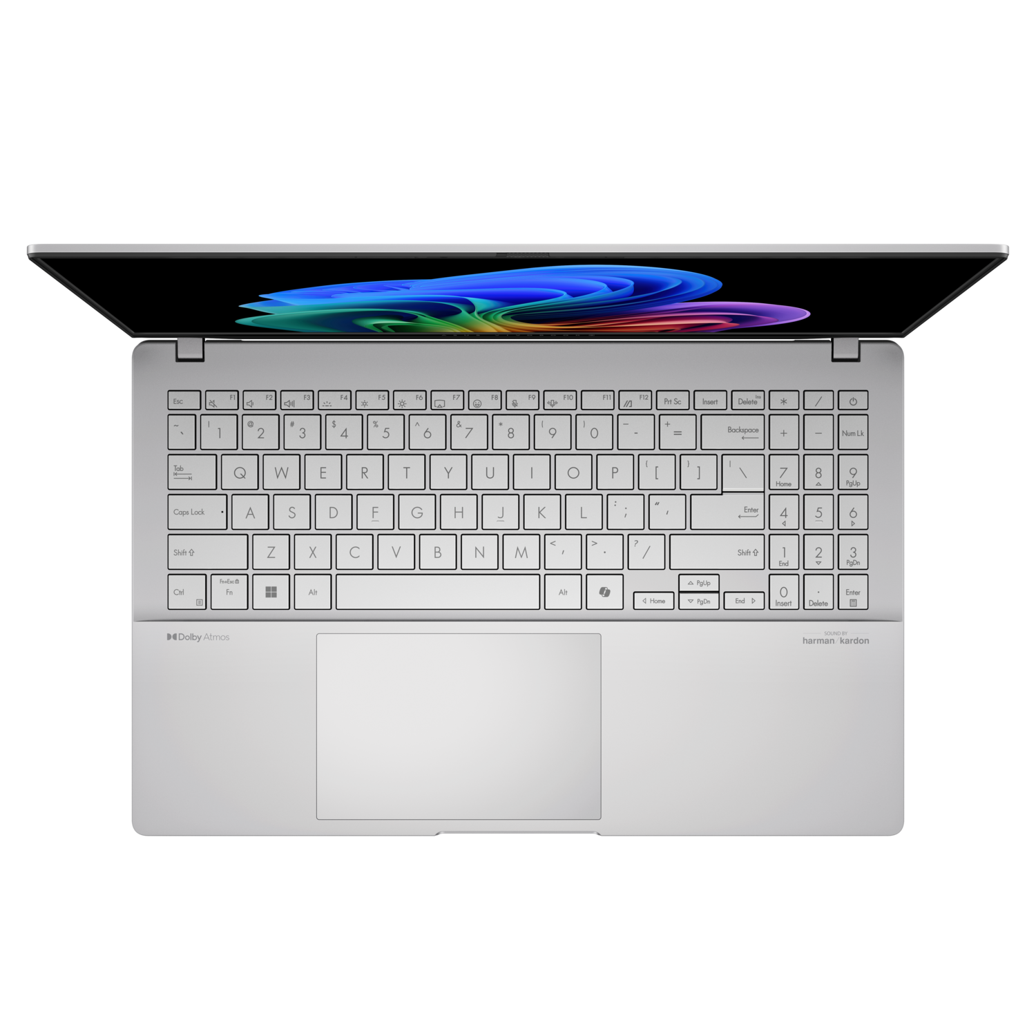 Een zilveren laptop, bovenaanzicht. Het scherm toont een kleurrijke abstracte afbeelding.