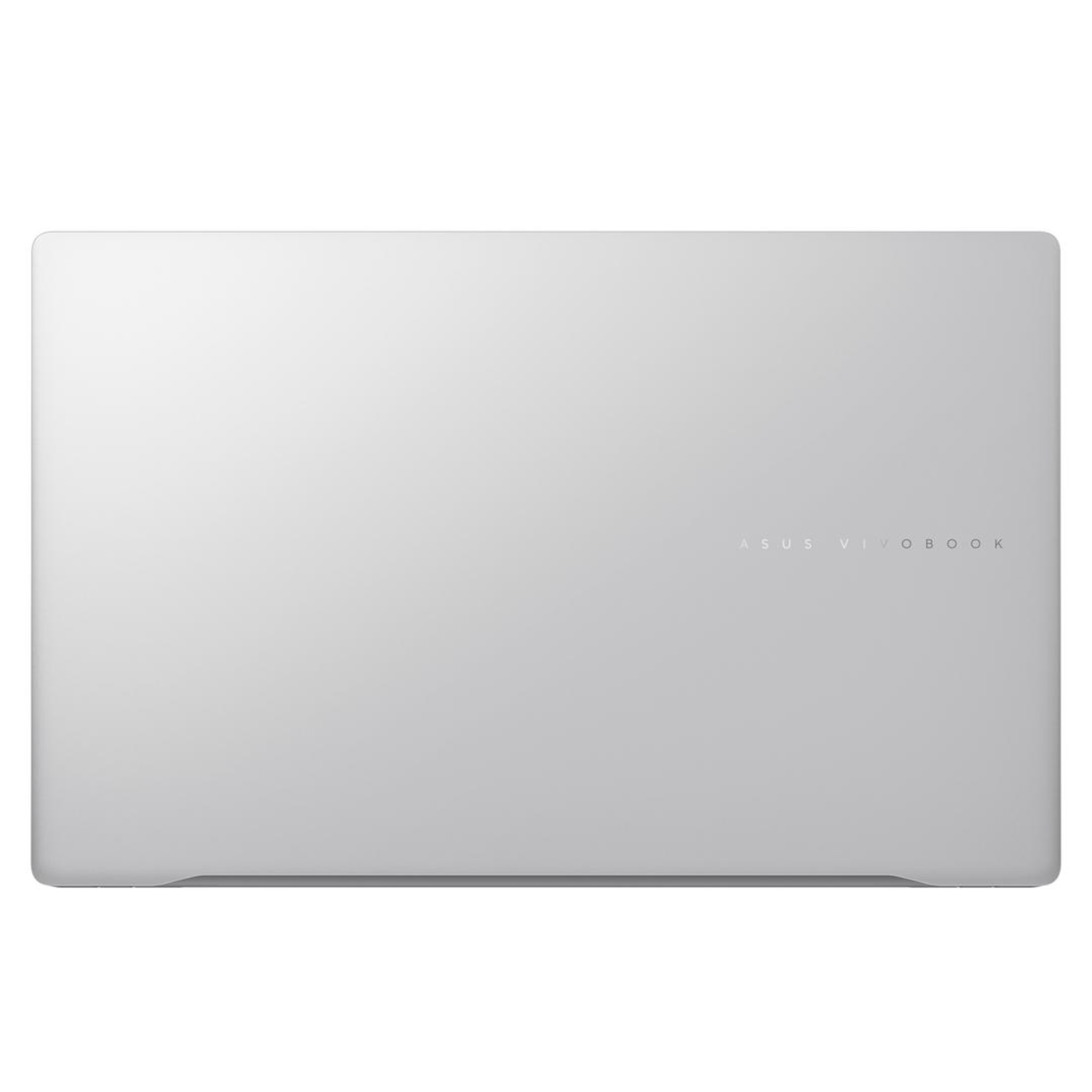 Zilveren laptop met de tekst ASUS VIVOBOOK op de achterkant. Witte achtergrond.