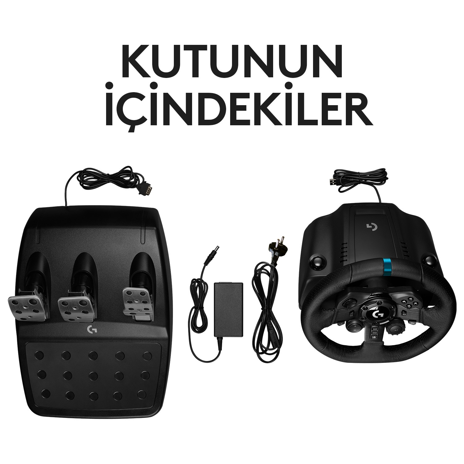 Yarış direksiyonu ve pedallar, aksesuarlarla beyaz bir yüzeyde, Türkçe metin.
