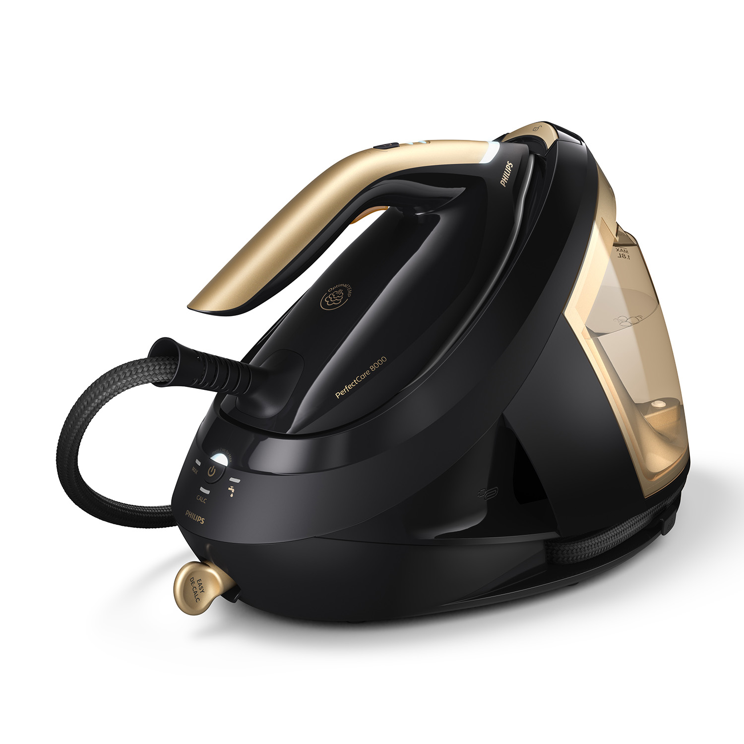 Ferro da stiro Philips nero e oro. Un tubo nero è collegato alla base del ferro.