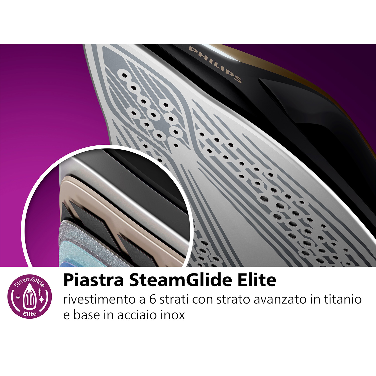 Primo piano di un ferro da stiro Philips. Il ferro è grigio e nero, con il nome Philips visibile.