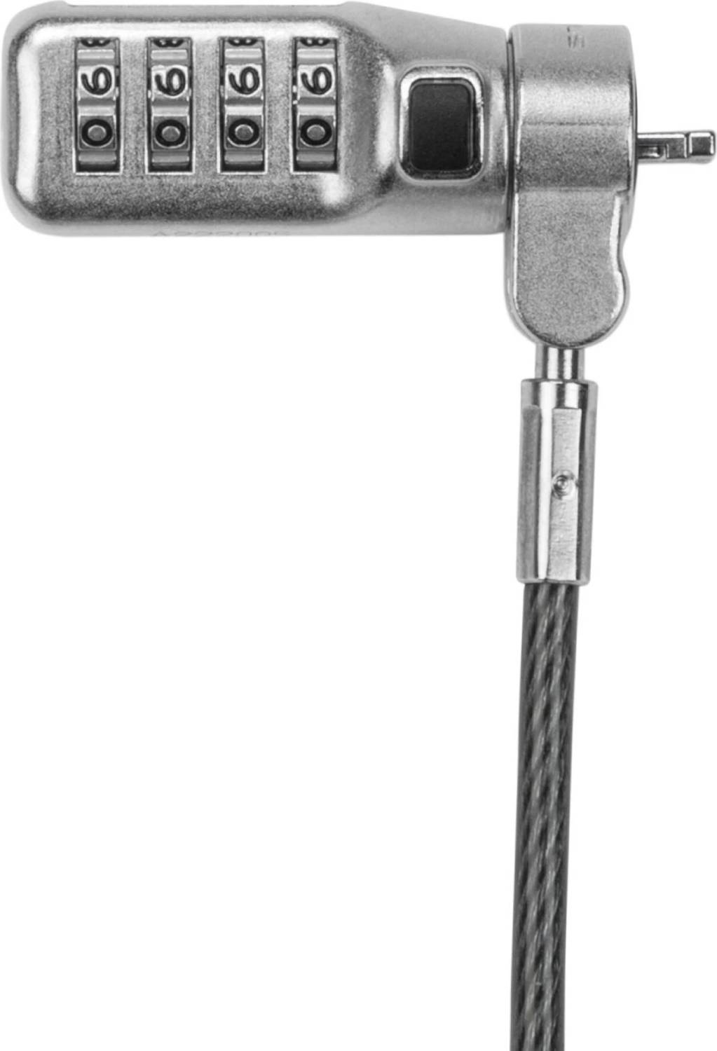 Cerradura de combinación plateada con diales y cable negro.