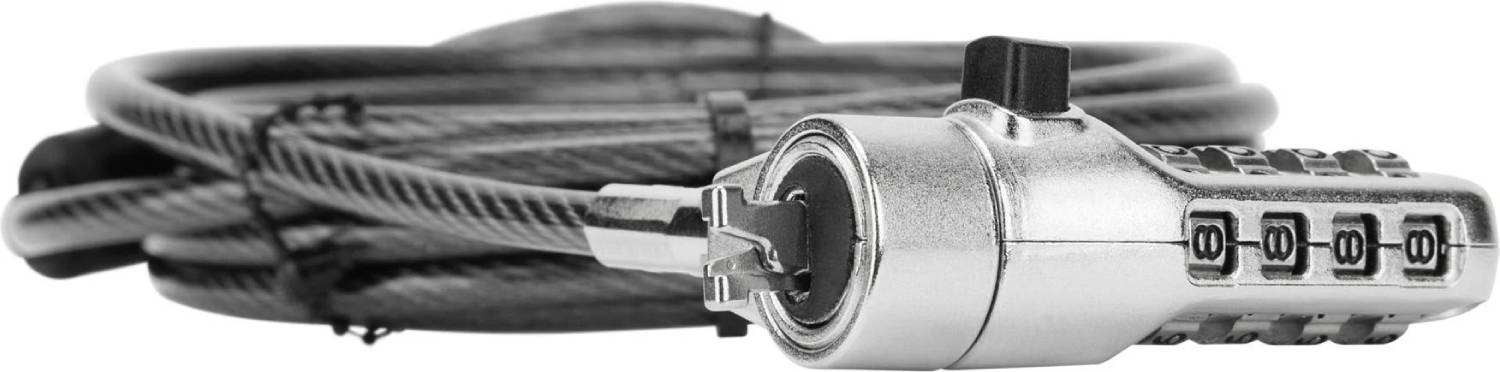 Un candado de cable con combinación plateado. Los números son visibles y el cable está enrollado.