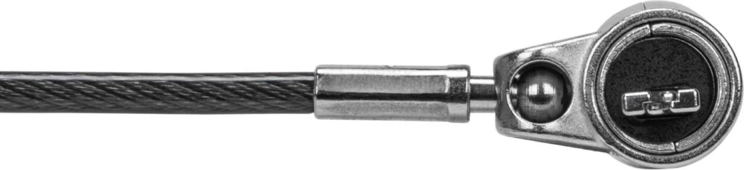 Primer plano de un cable con cerradura. El cable es negro y la cerradura plateada.