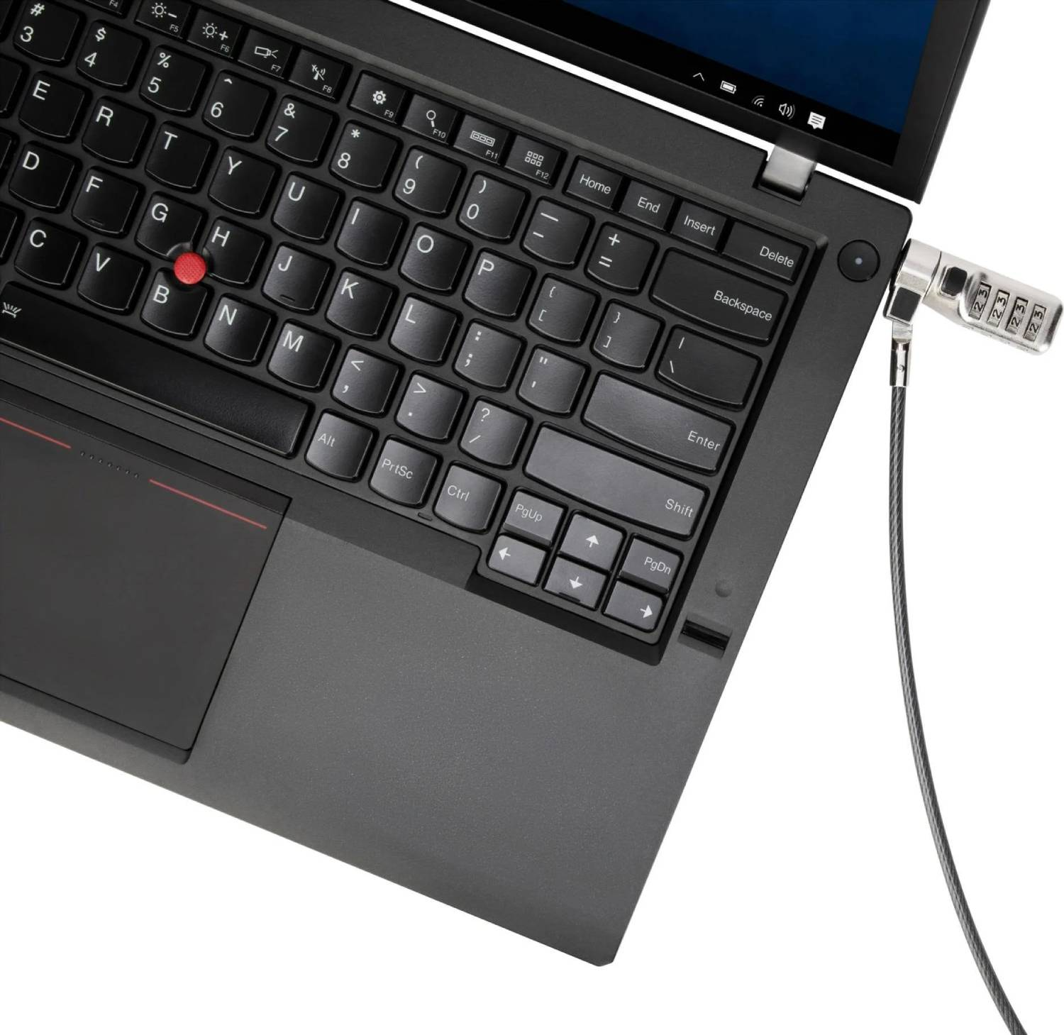 Un portátil con un candado de seguridad adjunto y un cable negro, sobre un fondo blanco.