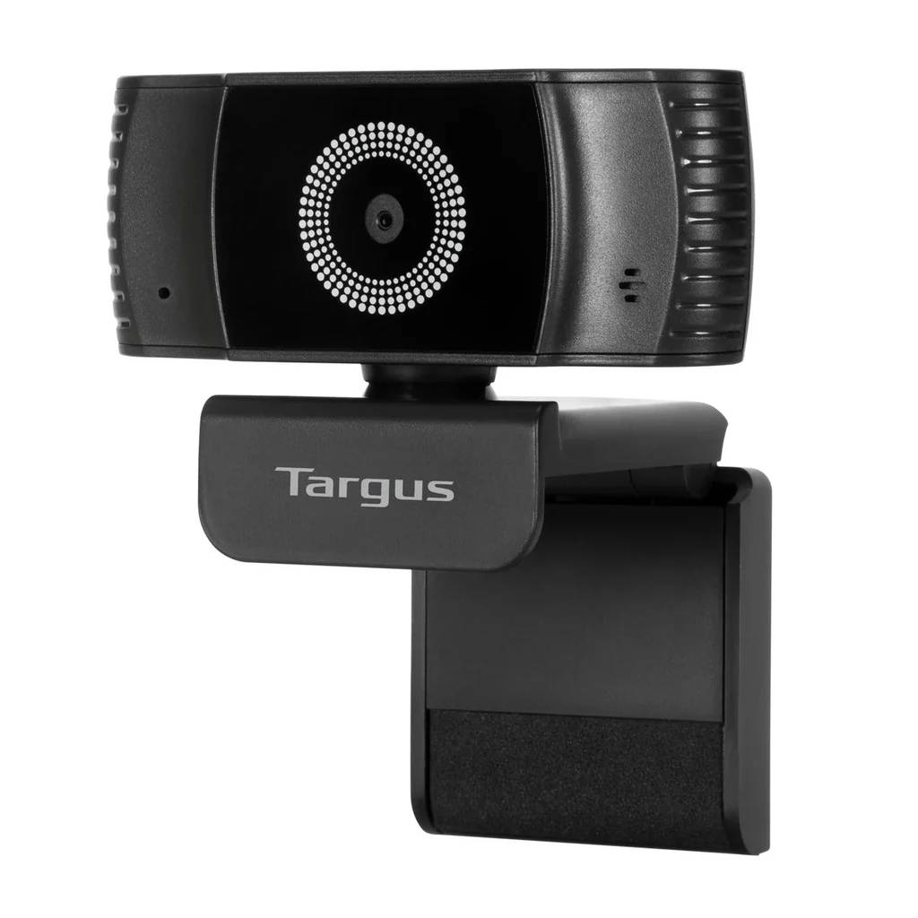 Una webcam negra con un conjunto de luces circular en un soporte.