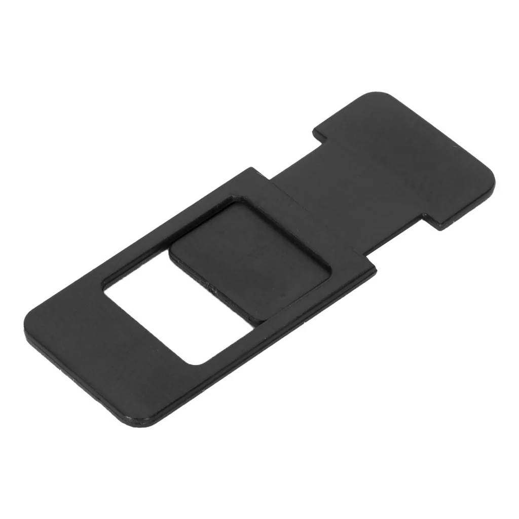 Cubierta negra para webcam, forma rectangular con mecanismo deslizante.