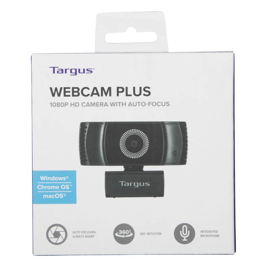 Caja Targus Webcam Plus, mostrando la webcam con micrófono integrado.