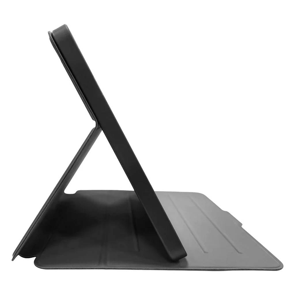 Estuche negro para tableta abierto, mostrando el interior, sobre fondo blanco.