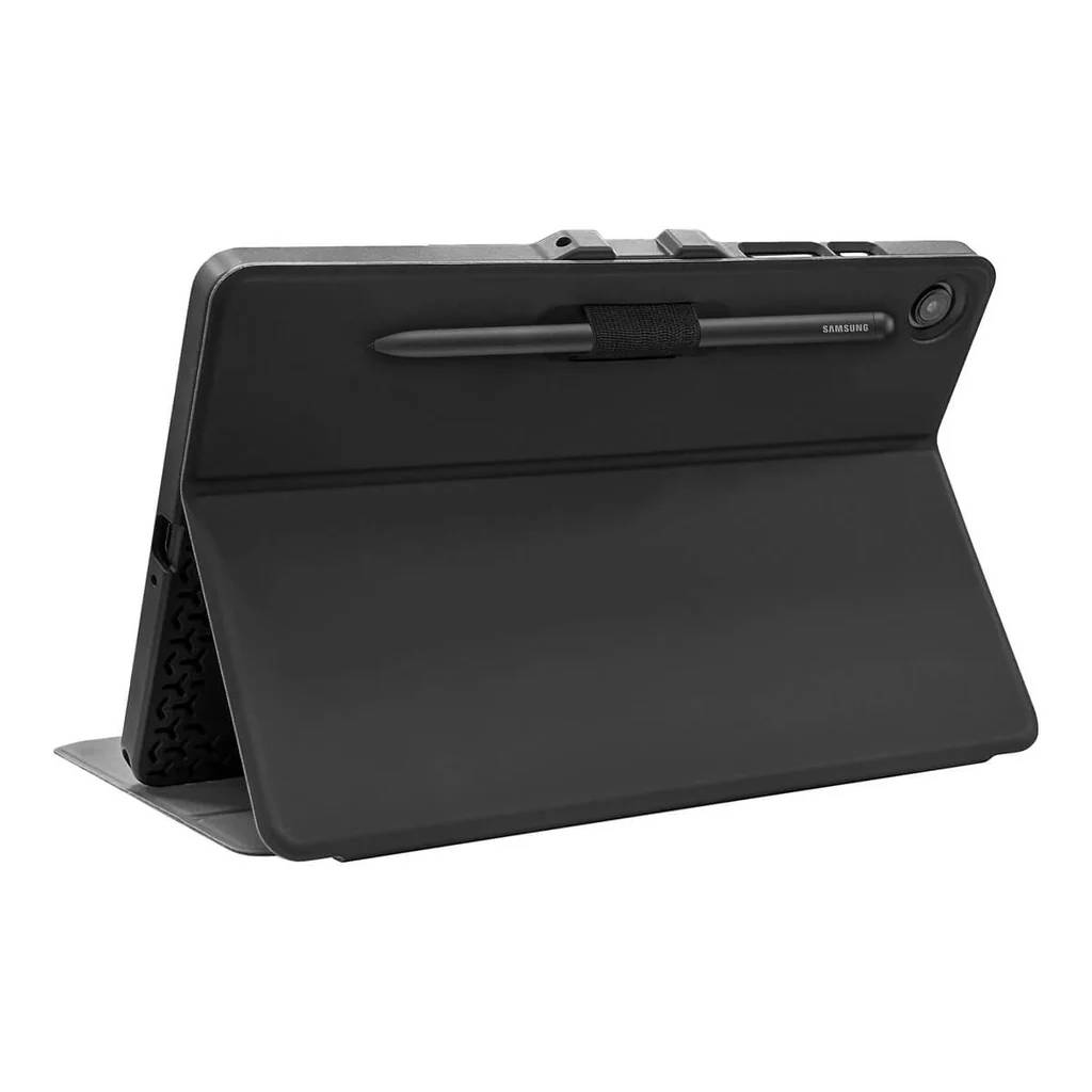 Tableta negra en una funda negra. Un lápiz óptico está adjunto a la funda.