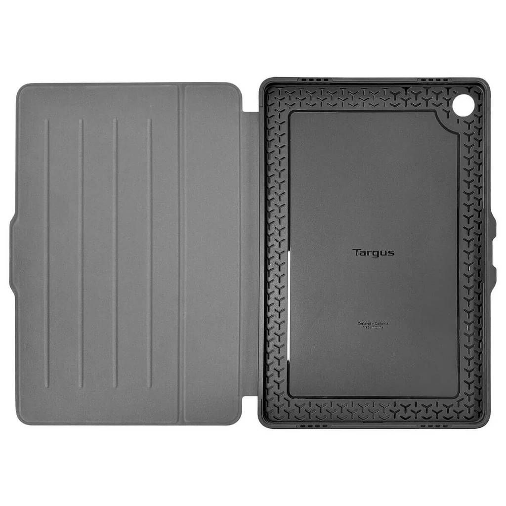 Una funda gris para tableta, abierta, revelando el interior con el logo Targus.