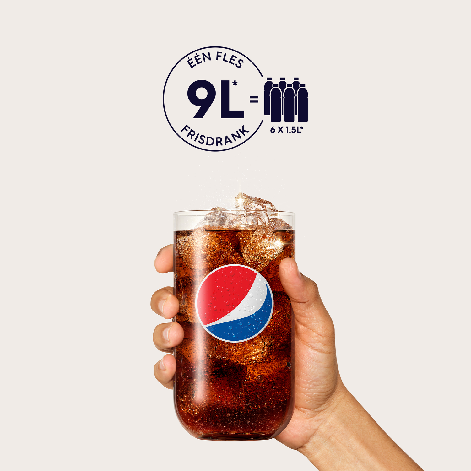 A hand holds a glass of cola with ice and the Pepsi logo. Text says, "9L = 6 x 1.5L".