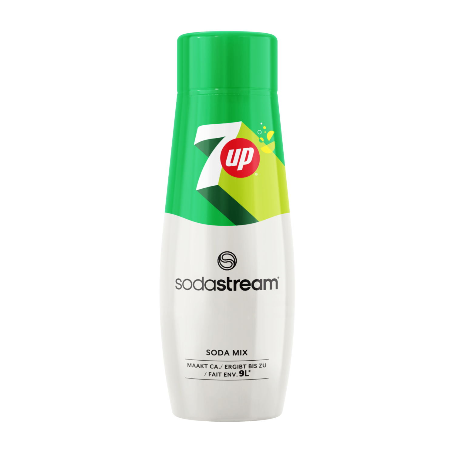 7 Up soda bottle. Green cap, white bottle with logo.
