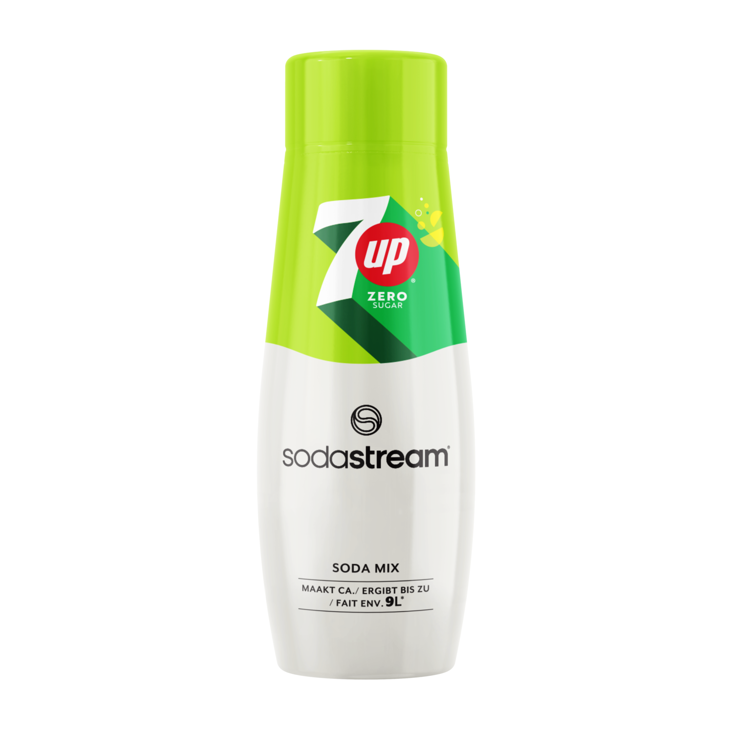 Tall soda bottle with '7up Zero Sugar' label. White background.