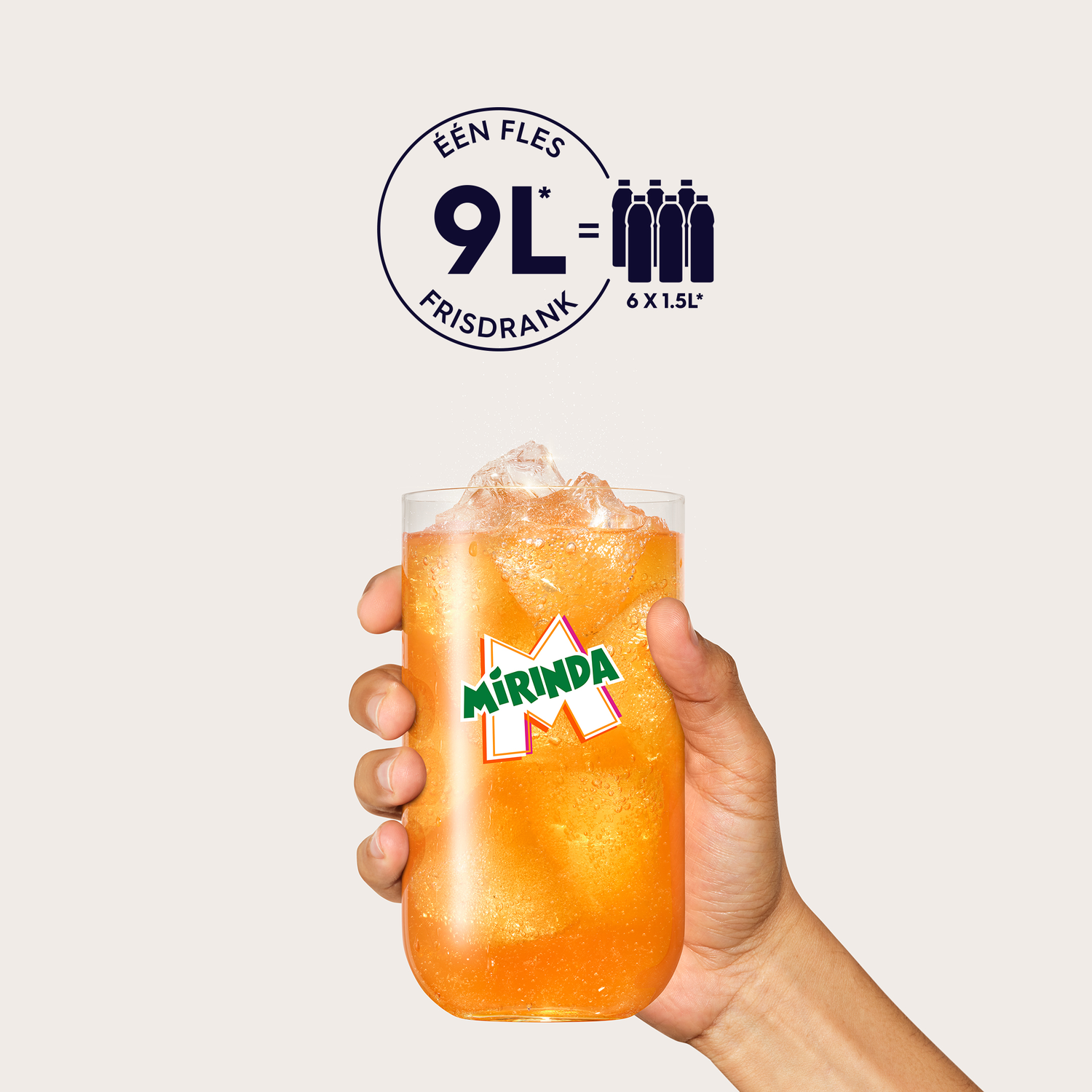 Hand holding a glass of Mirinda with ice and a logo.