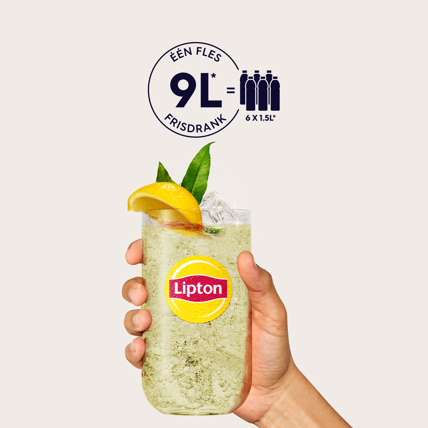 Hand holding a glass of iced Lipton tea with lemon slice and a circular logo.