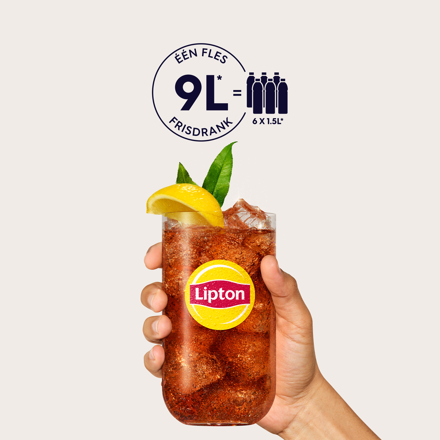 Hand holding a glass of iced tea with a lemon slice and Lipton label, with text and bottles.