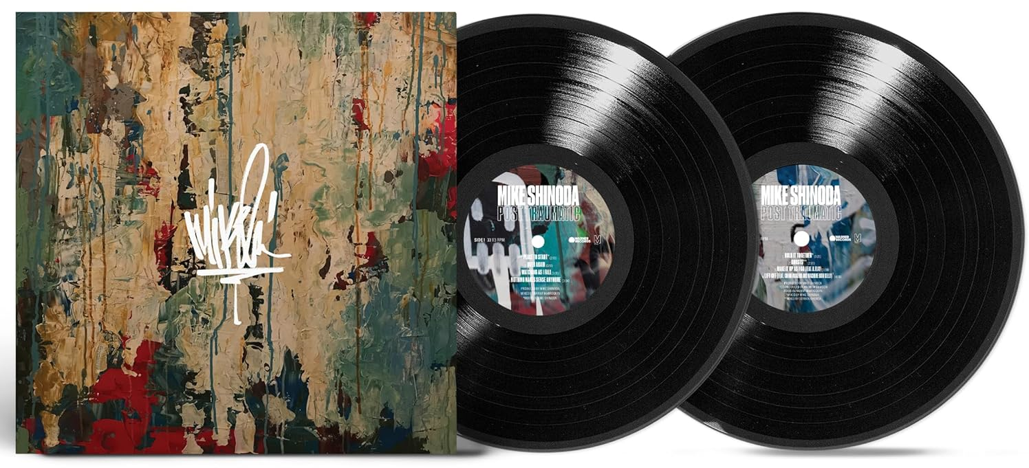 Két bakelit lemez és egy album borító. A borító többszínű, fehér szöveggel és írással.