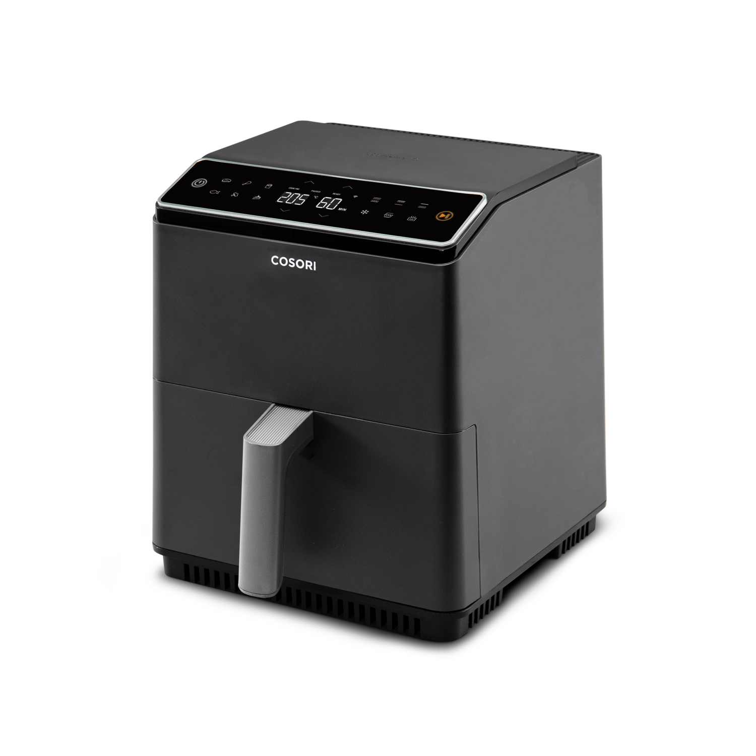 Zwarte airfryer met digitaal display, handvat aan de voorkant en bedieningspaneel bovenop.