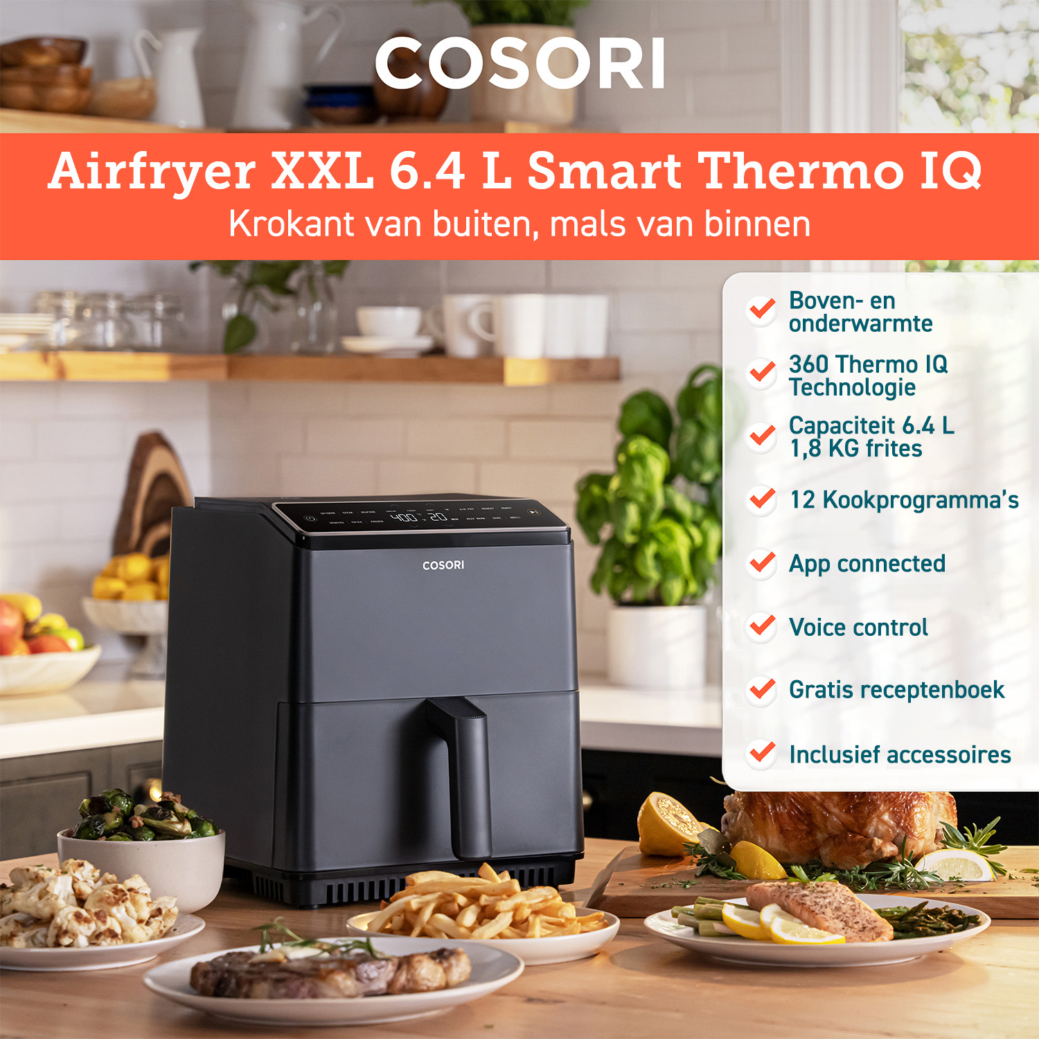 Een airfryer met eten eromheen. De fryer is zwart, en er zijn verschillende gerechten.