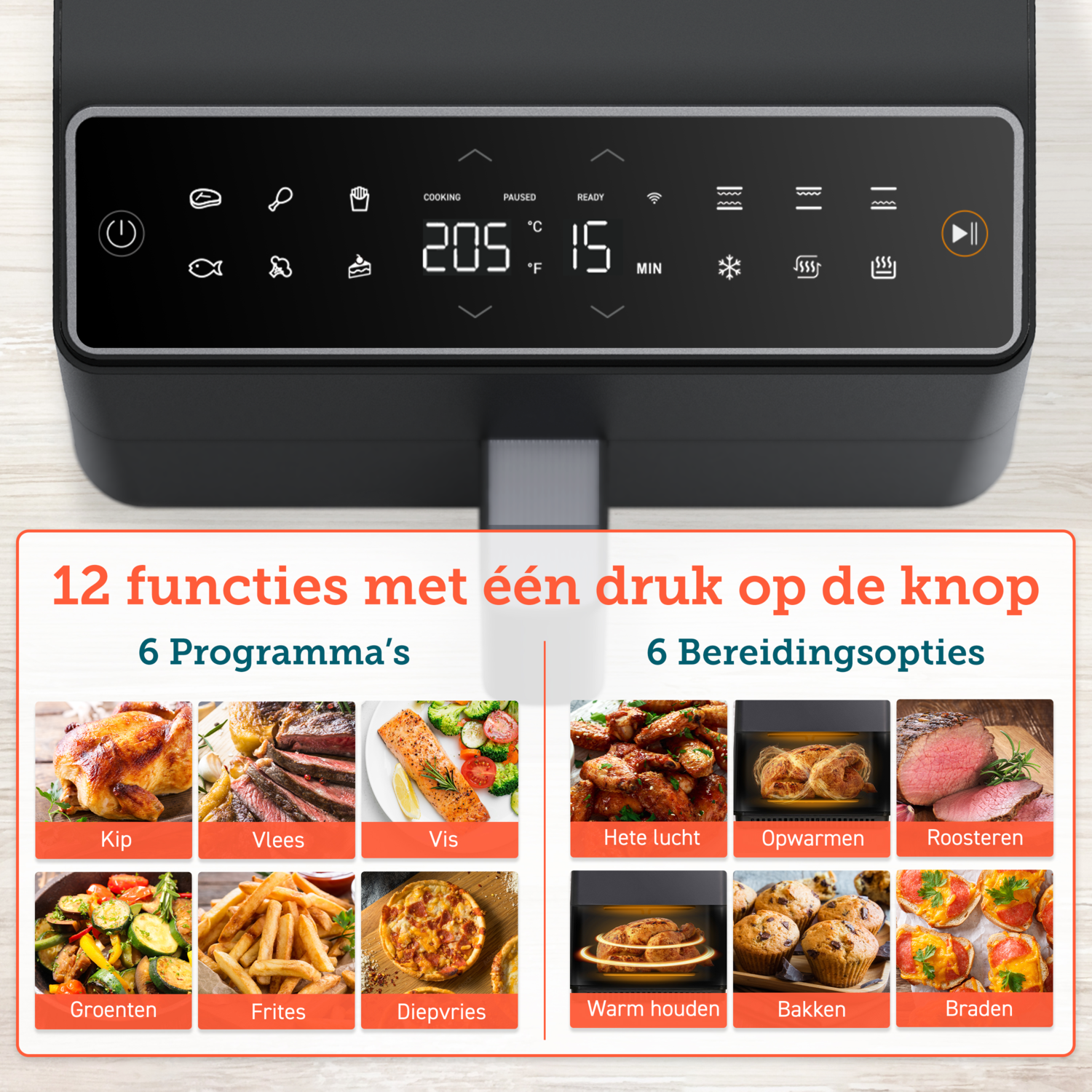 Airfryer met digitaal display met instellingen en voedselopties. Verschillende voedselafbeeldingen onderaan.