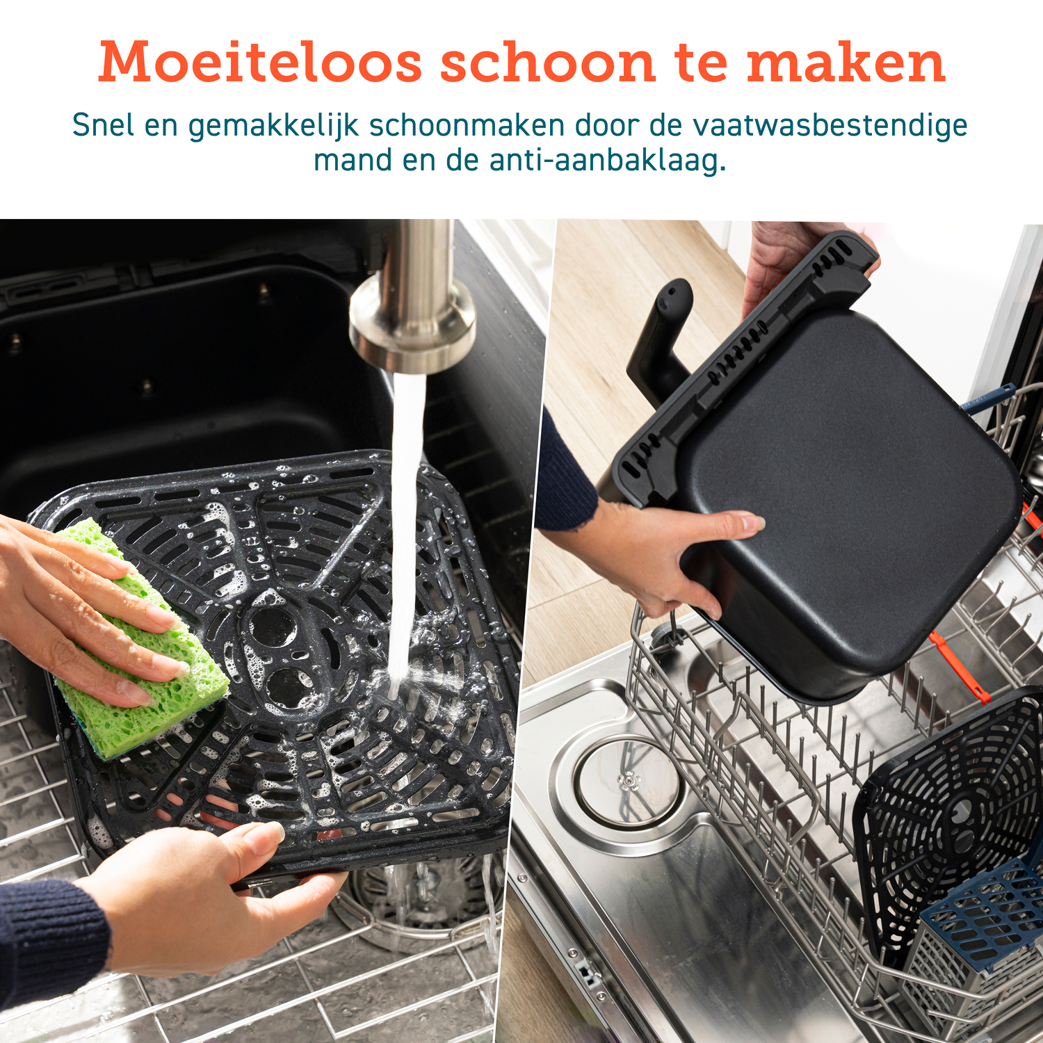 Een persoon maakt een zwarte airfryer-mand schoon met een spons en wast in een vaatwasser.
