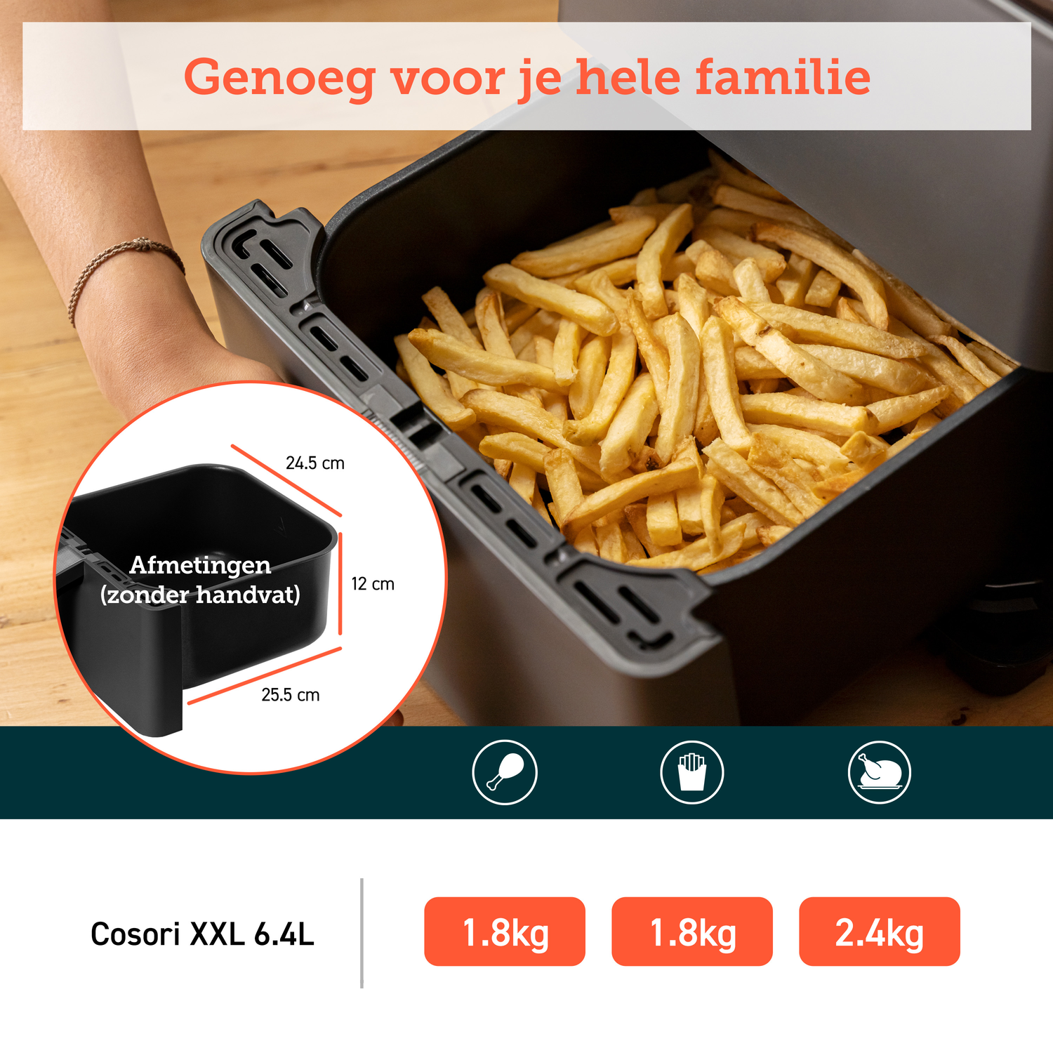 Een airfryer met friet erin, afmetingen en tekst staan in de afbeelding.