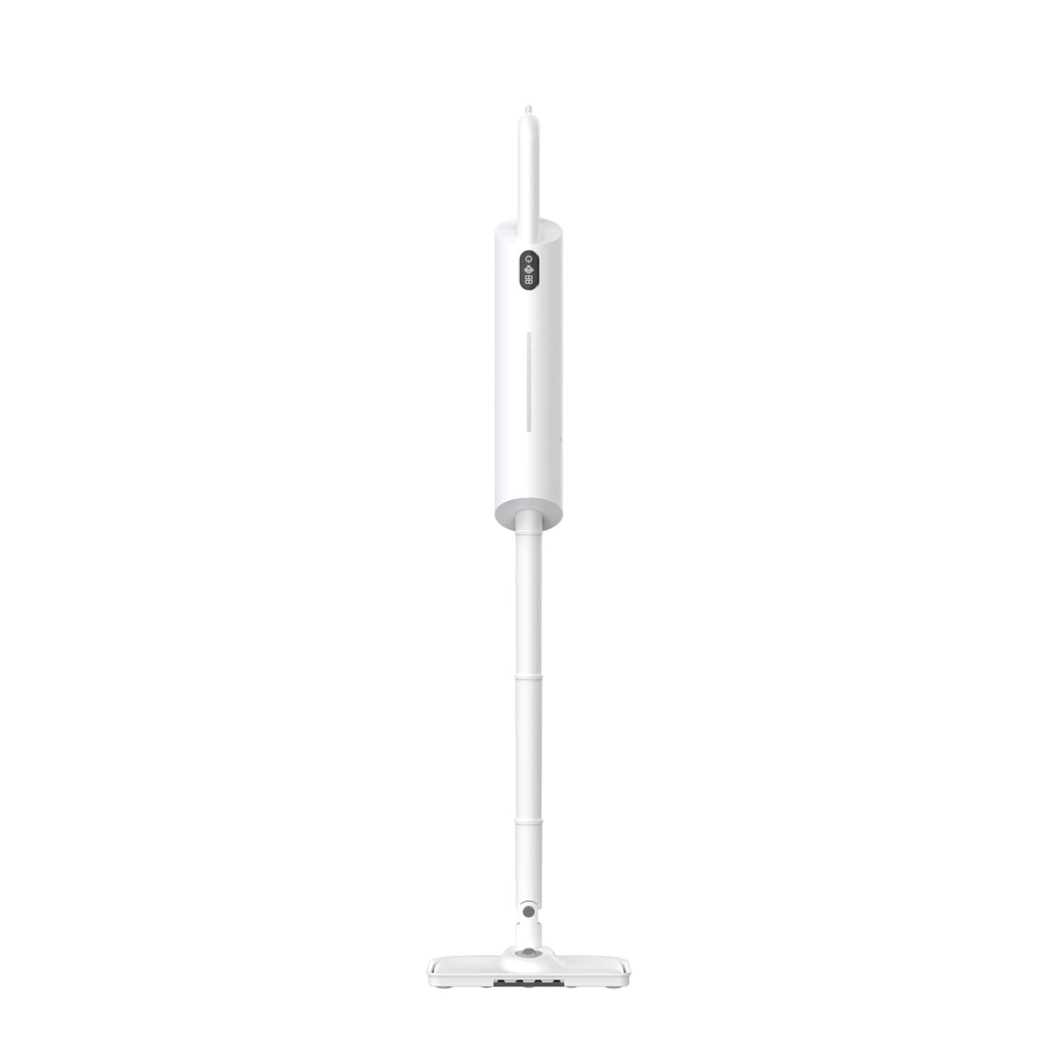 A white steam mop standing upright on a white background.