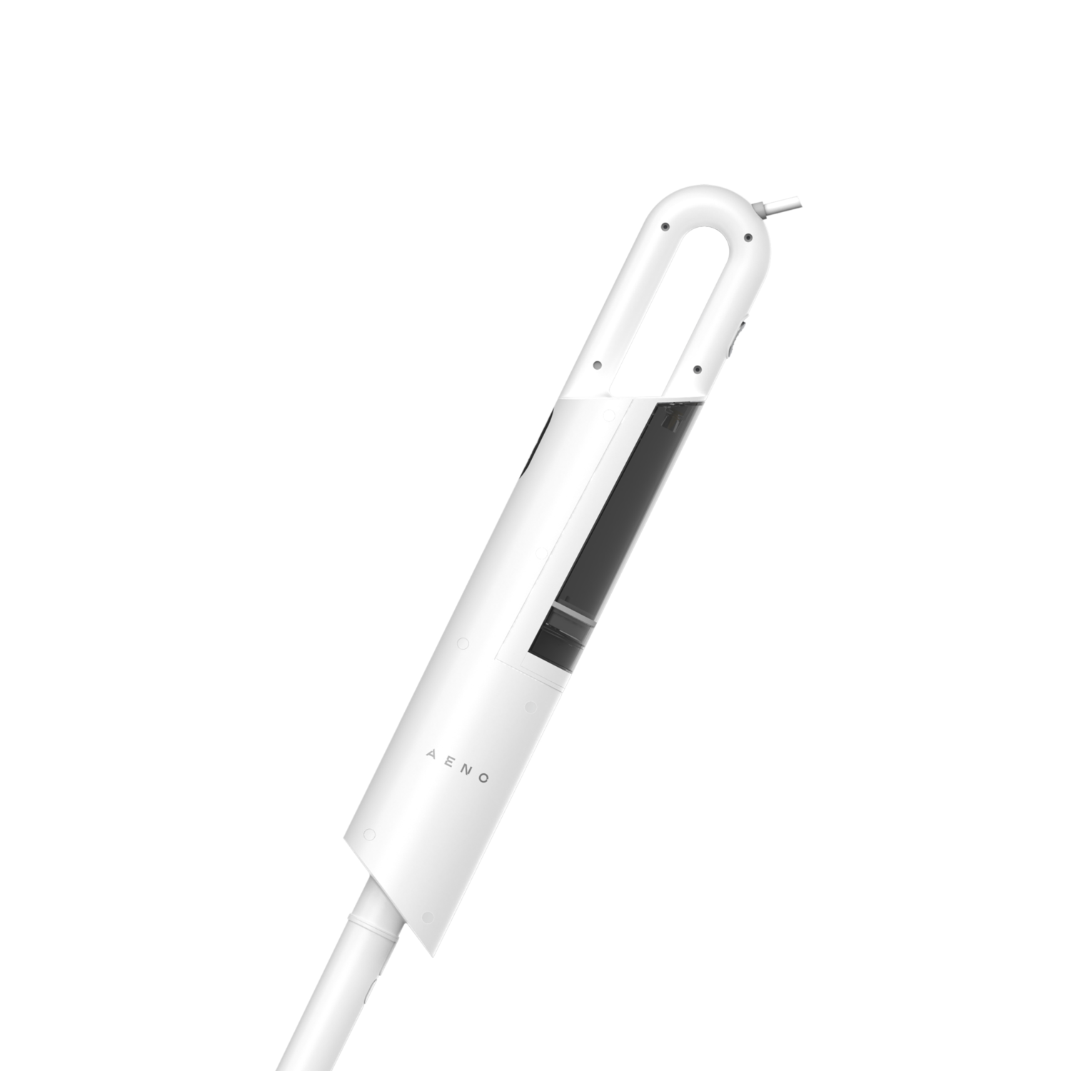White, sleek vacuum cleaner. Has a handle and a transparent section.