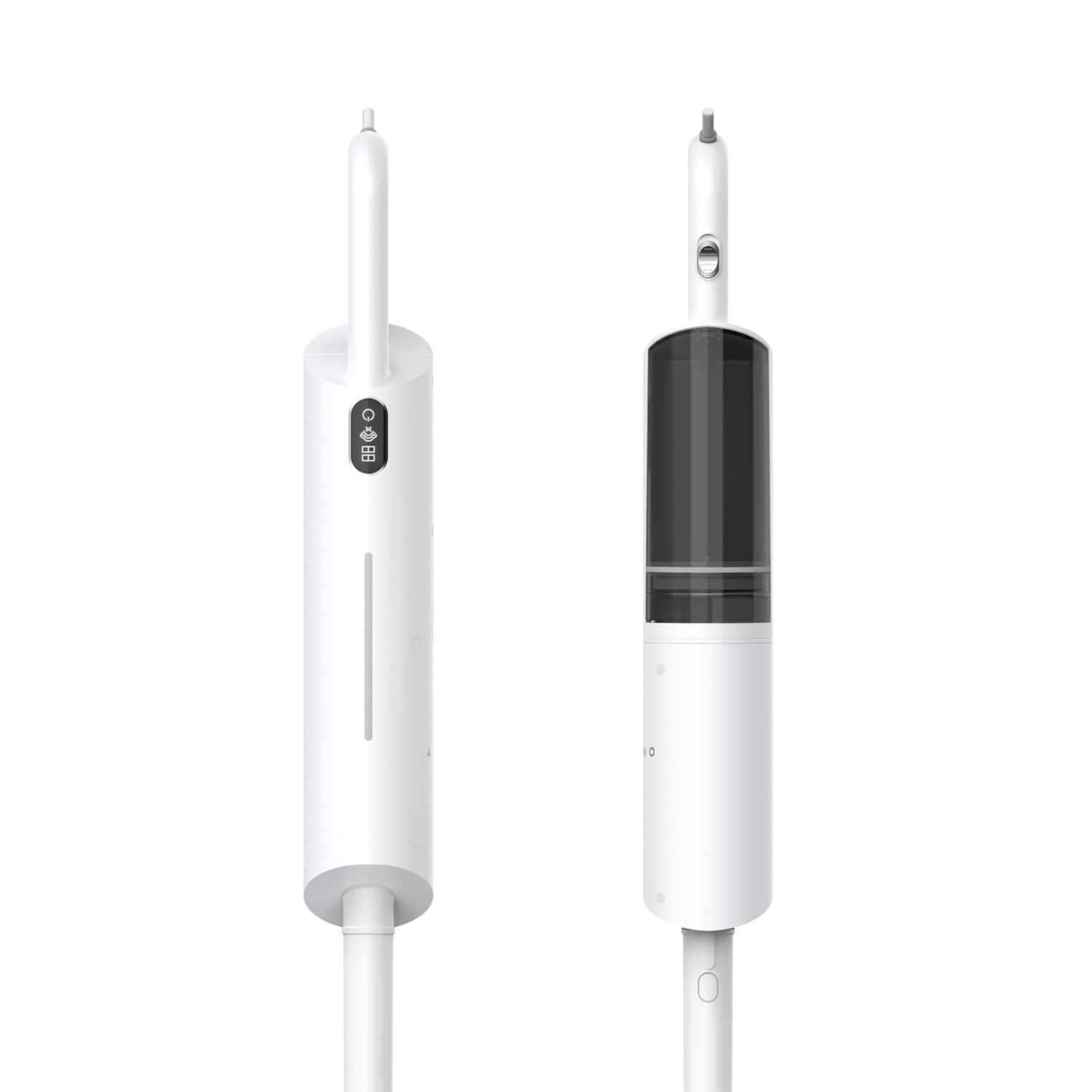 Two white medical-style devices. One showing a screen, the other with a black section.