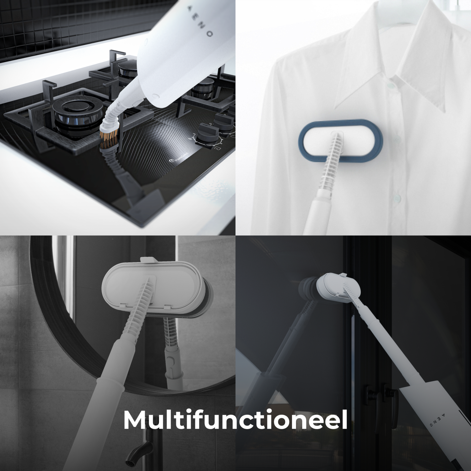 Collage of cleaning products. A brush on a stove, a shirt being steamed, and a cleaning tool.