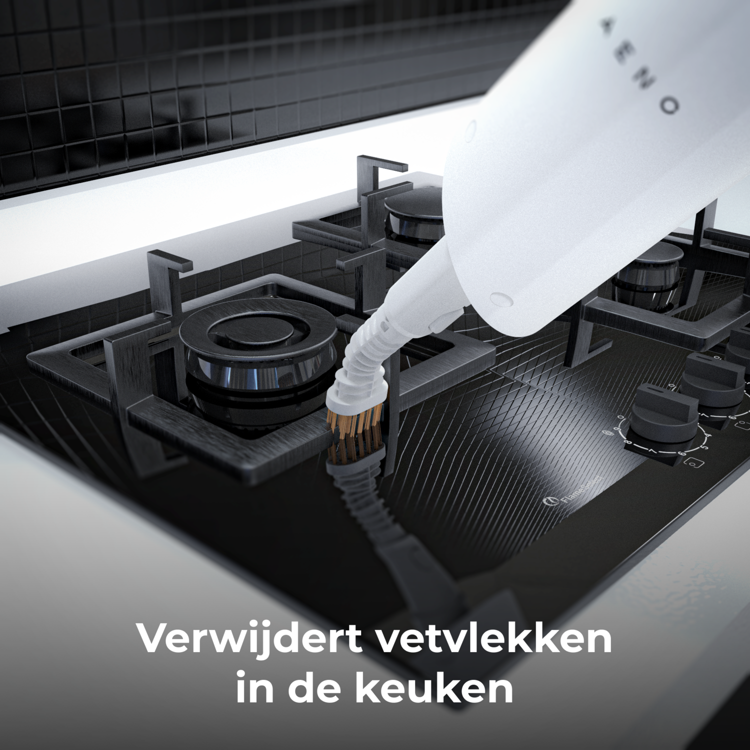 A white cleaning tool cleaning a black stovetop.