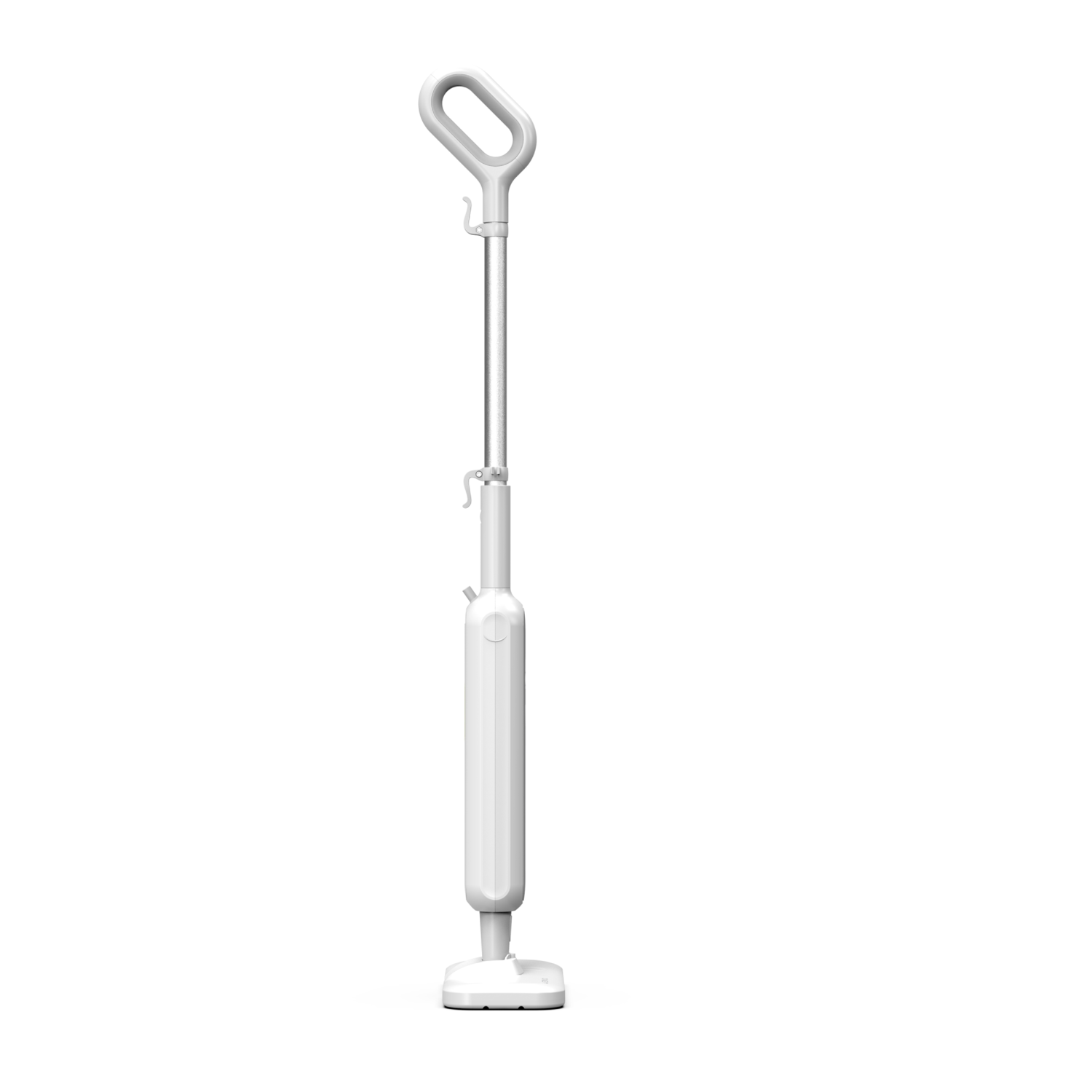 White, upright steam mop on a white background, handle with loop at the top.