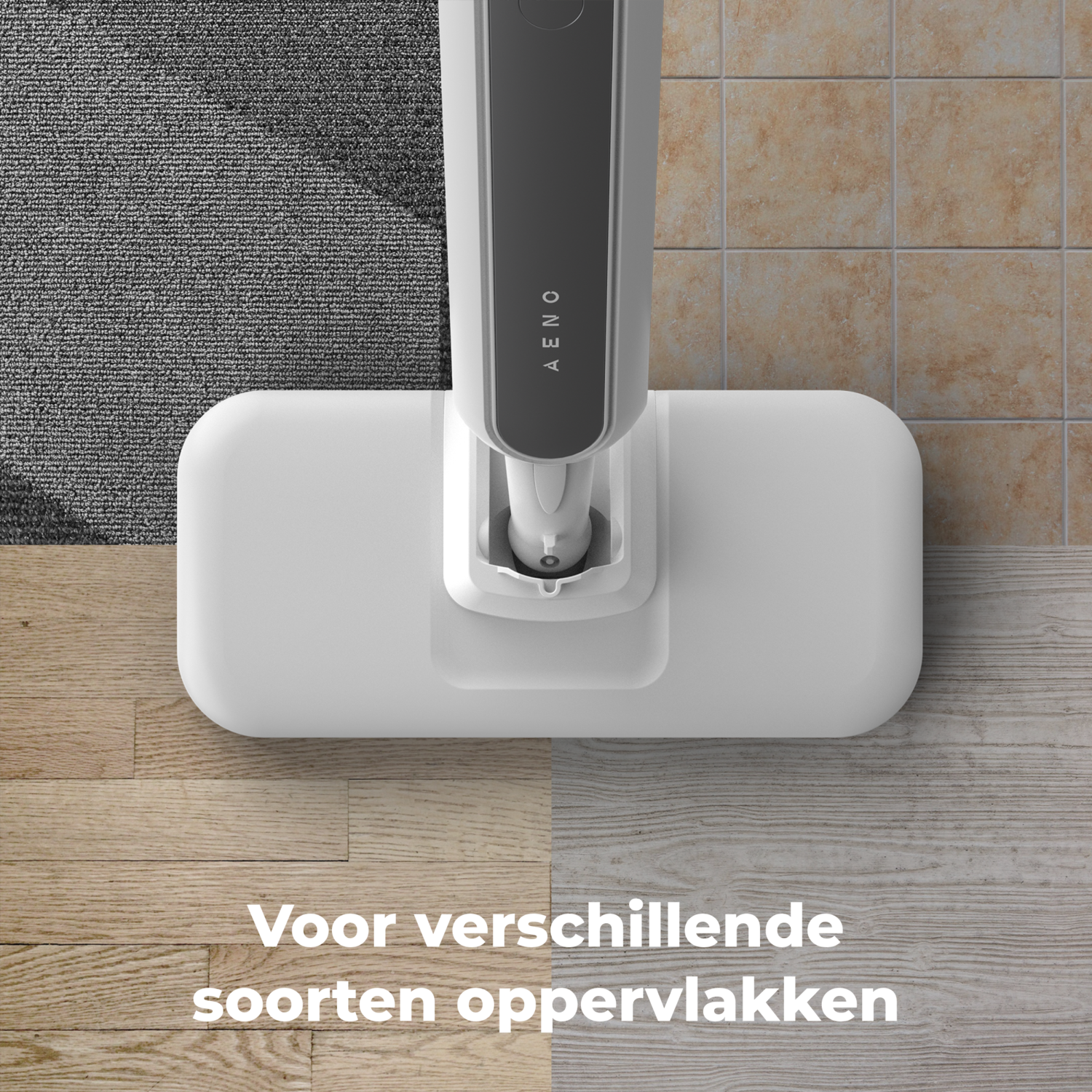 White AENO mop on different floor types, with text at the bottom.