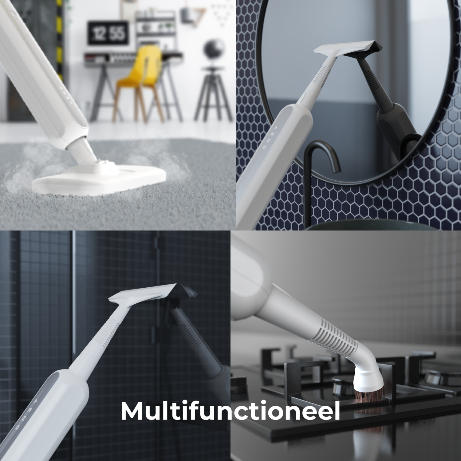 A white cleaning device being used on various surfaces. Includes a mirror and stovetop.