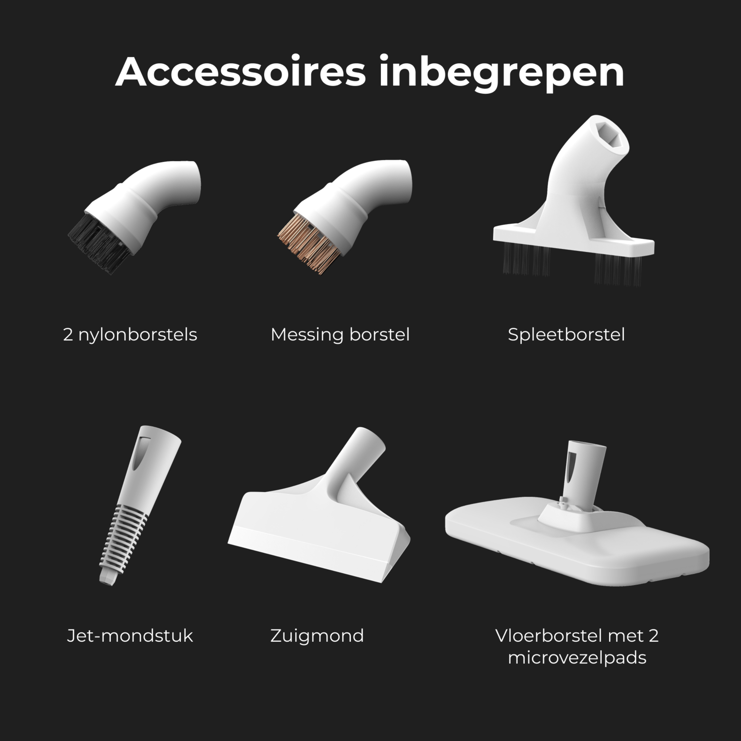 Accessories for a vacuum cleaner: brushes and nozzles, displayed on a dark surface with labels.
