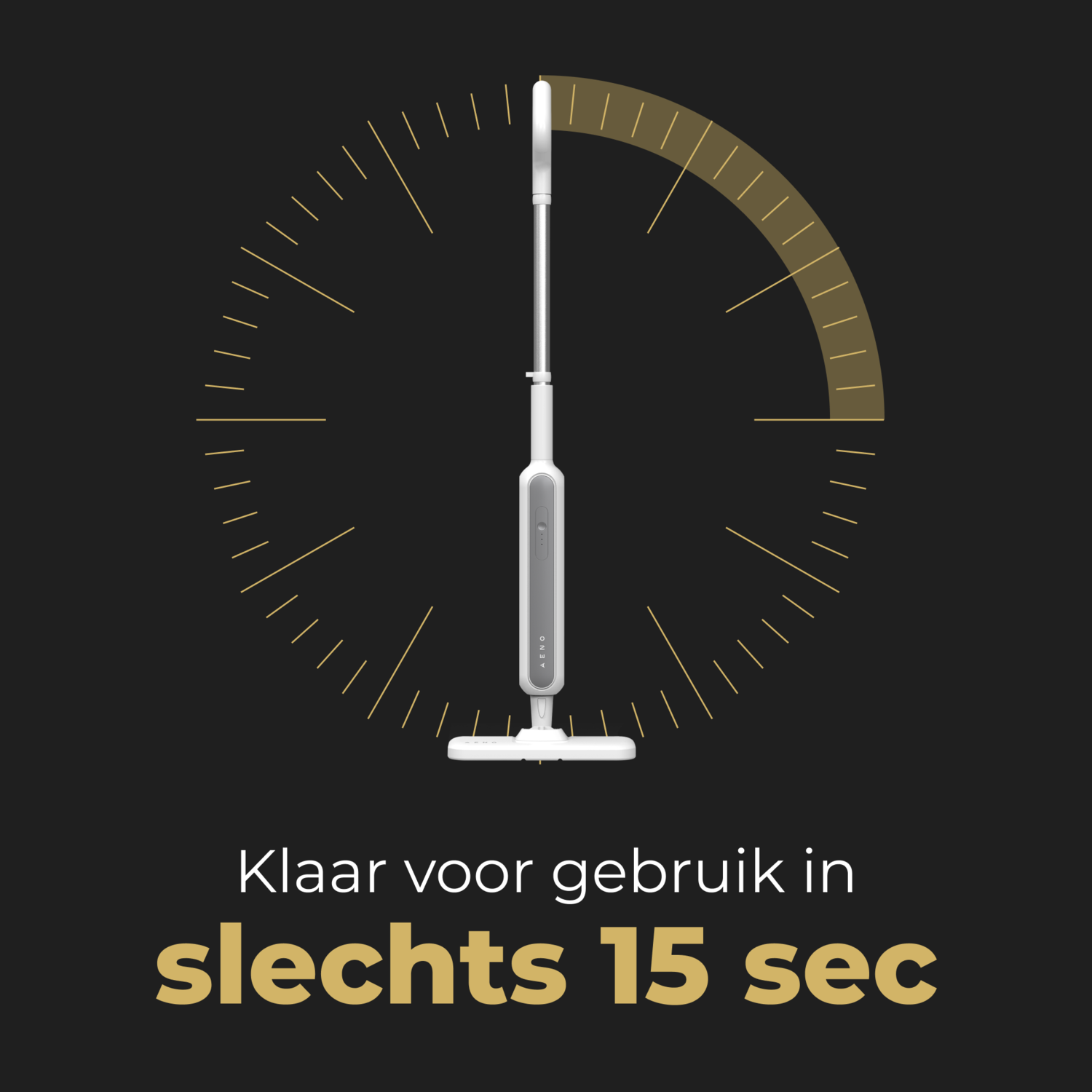 A black background with a white vacuum cleaner in the center, and a clock-like graphic. Text says 'ready in 15 sec'.