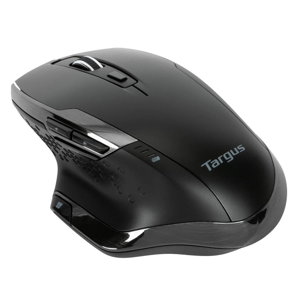 Un ratón Targus negro. Tiene una rueda de desplazamiento, botones y un diseño elegante.