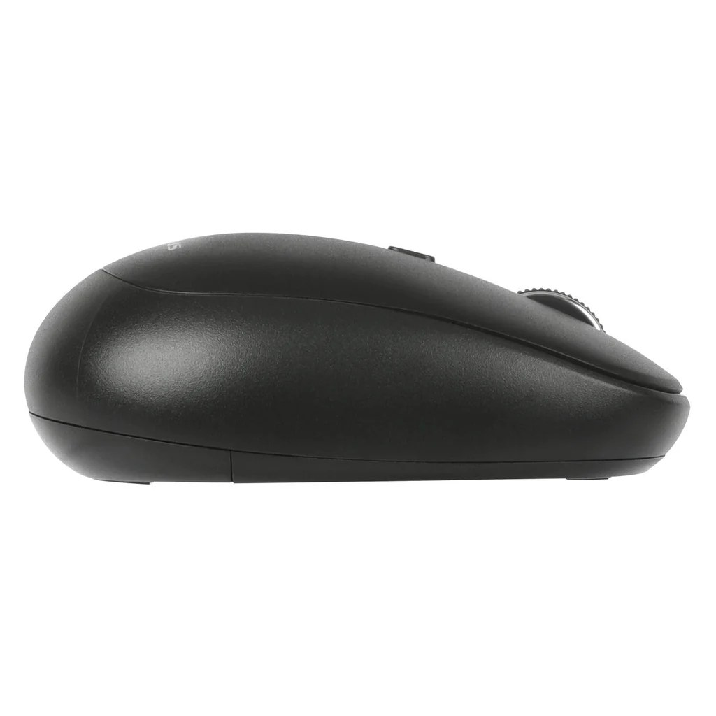 Un ratón de computadora negro, visto de perfil lateral, sobre un fondo neutro.